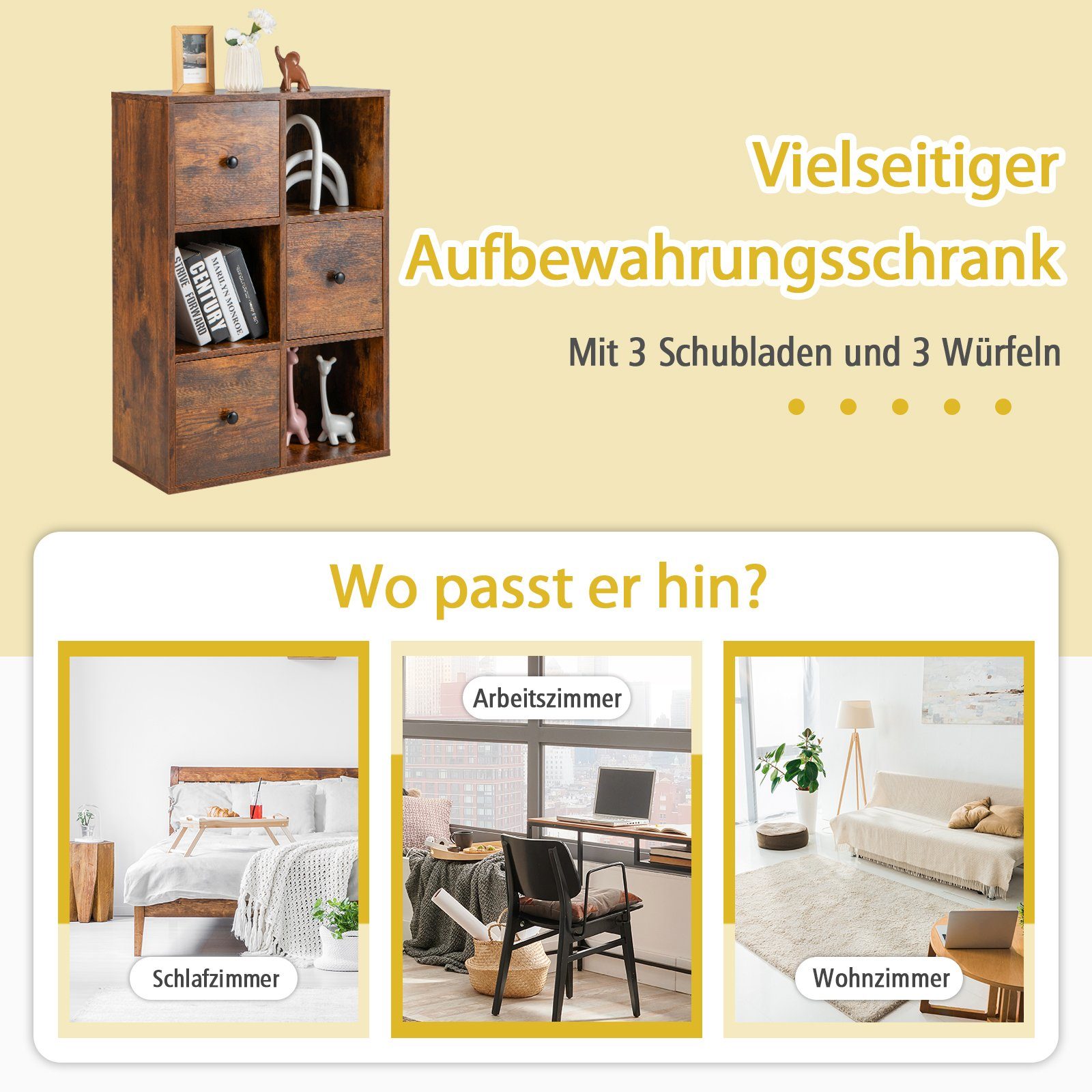 60x30x89cm Schubladen&3 3 Fächer, offene Holz, COSTWAY Bücherregal, Braun