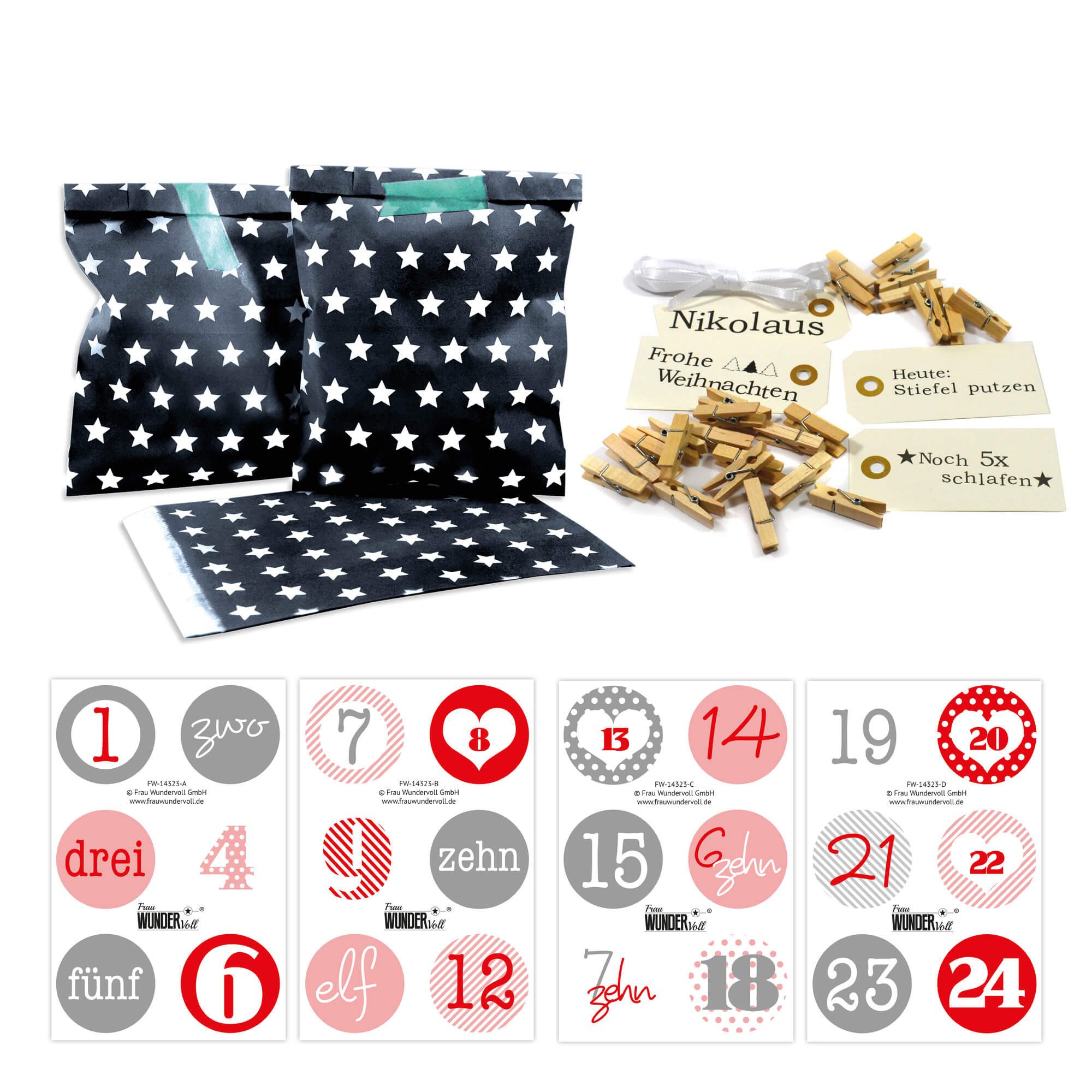 Frau WUNDERVoll befüllbarer Adventskalender Adventskalender Bescherung, schwarz Stern, Ziffern rosa-rot
