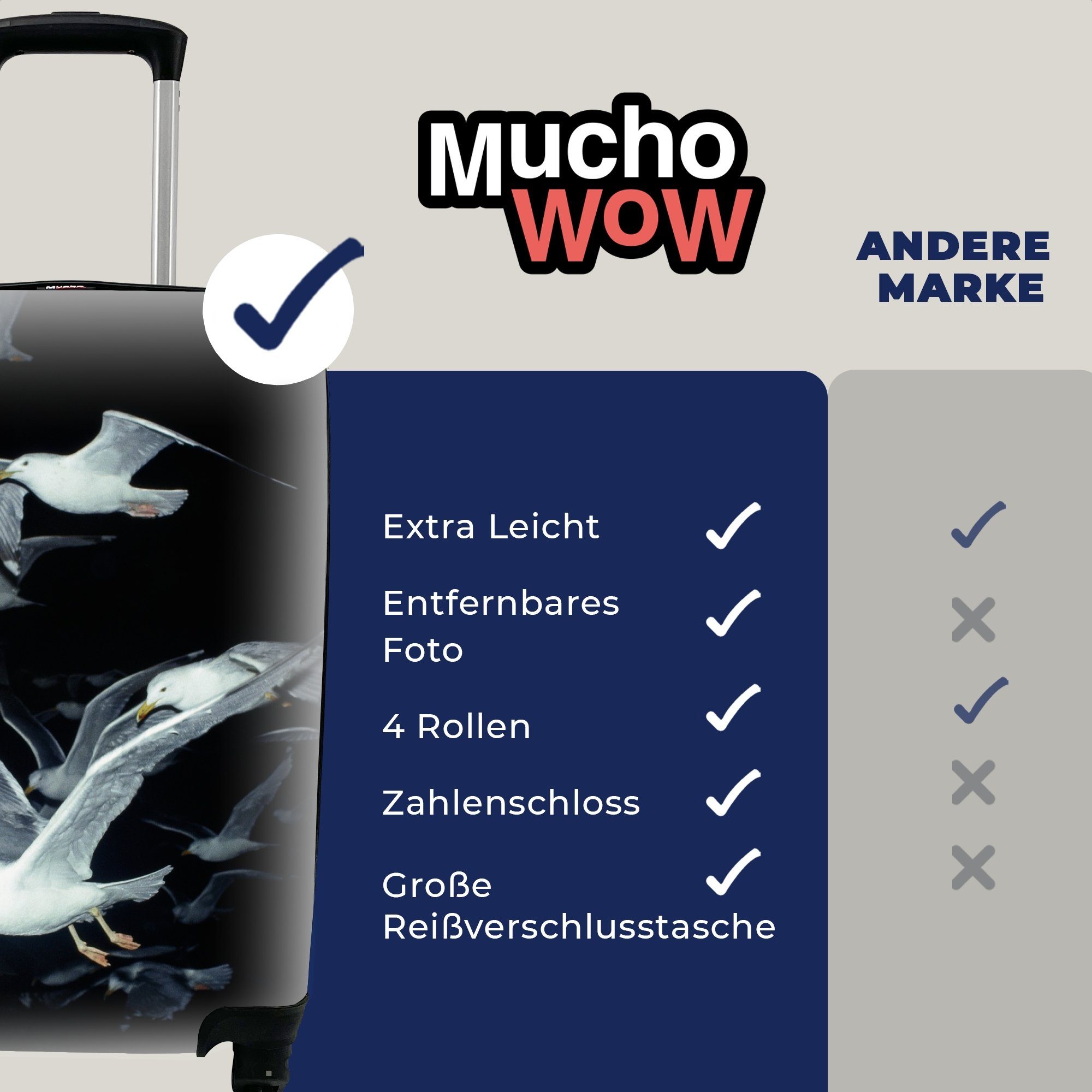 MuchoWow Handgepäckkoffer Vogel - Schwarz - 4 Ferien, mit für Rollen, Reisekoffer rollen, Reisetasche Trolley, Handgepäck Schwarm