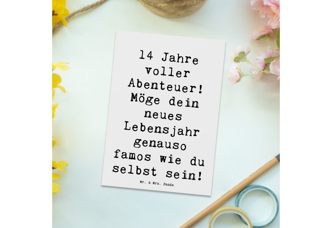 Thumbnail - Mr. & Mrs. Panda Postkarte Spruch 14. Geburtstag Abenteuer - Weiß - Geschenk, Teenager, Geschenk