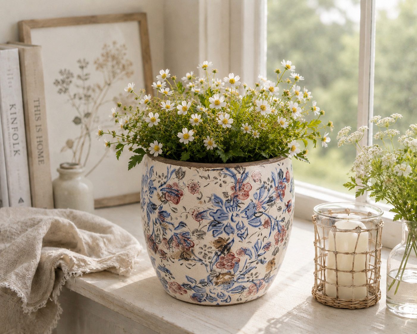 Clayre & Eef Dekovase Clayre & Eef Innenblumentopf Blau Beige mit Blumenmotiv