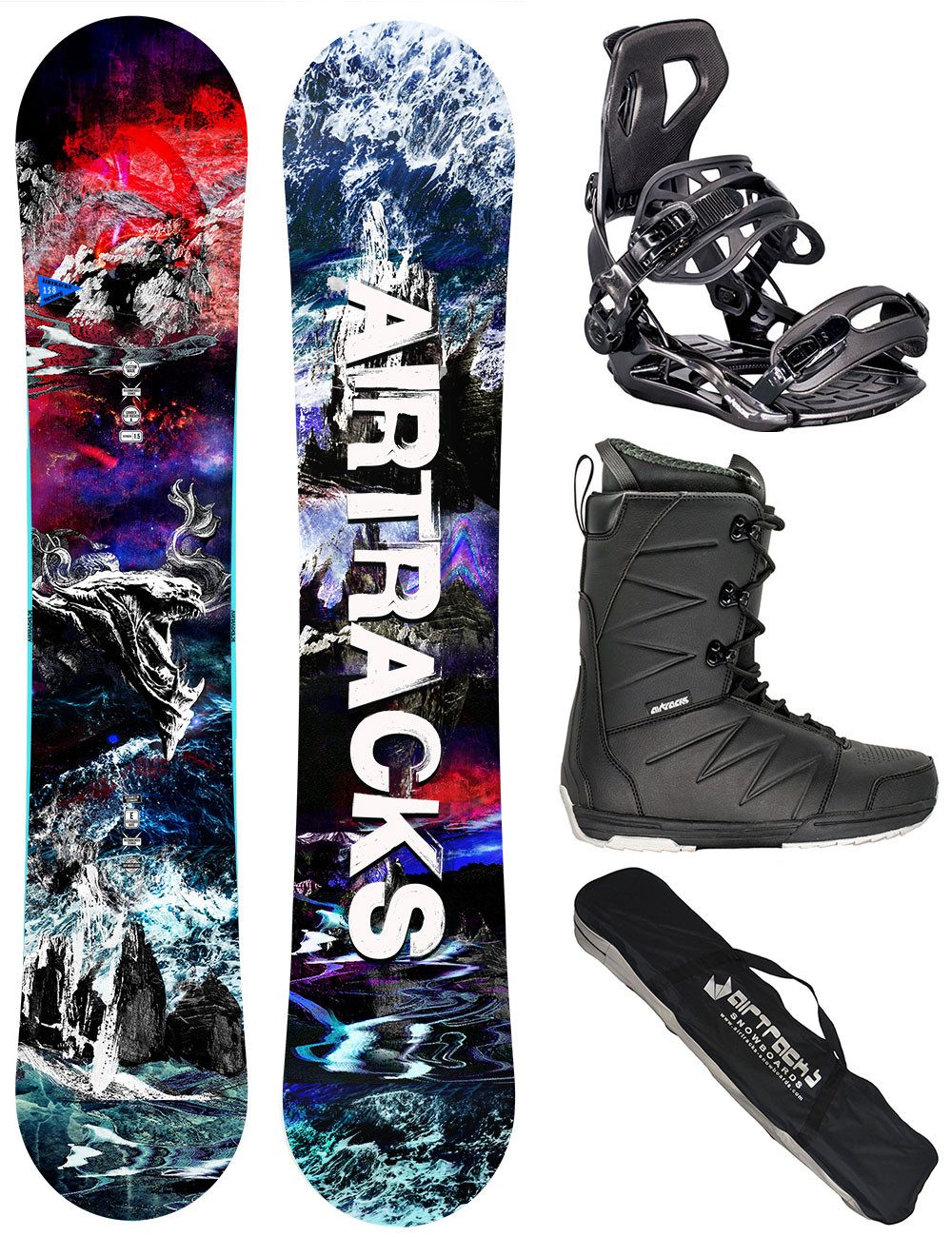 Airtracks Snowboard Snowboard Set Fantasy Carbon Flat Rocker »Mod. 25/26 (4 St., 4er-Pack), Snowboard + Bindung Master+Boots + Bag / 148 153 158 cm