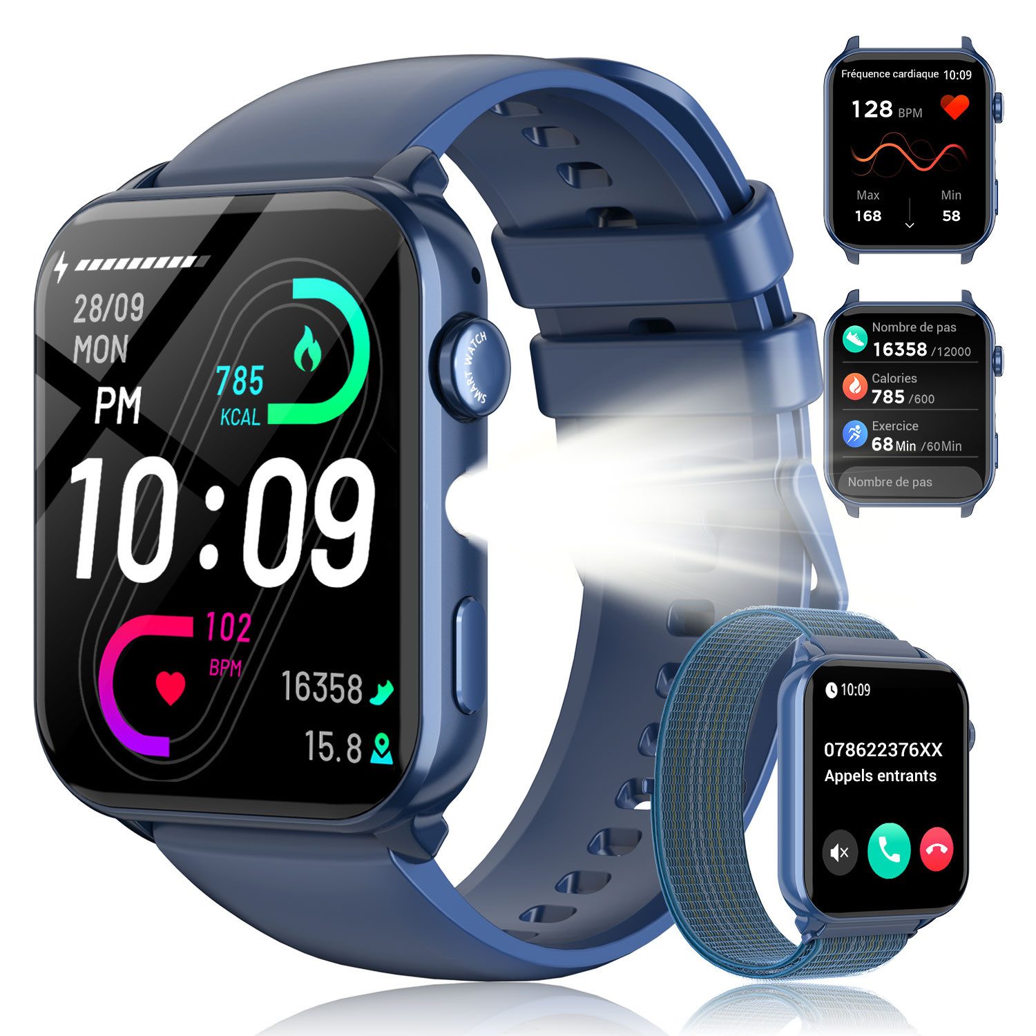 blackview Smartwatch Herren Damen, LED-Leuchte, 350mAh (6 Tage), 2 Armbänder Smartwatch (1.91 Zoll, iOS/Android), mit Wechselband aus weichemSilikon und Ladekabel, Antwort & Anruf tätigen,Herzfrequenz,Schlafmonitor,SpO2,Schritten,IP68