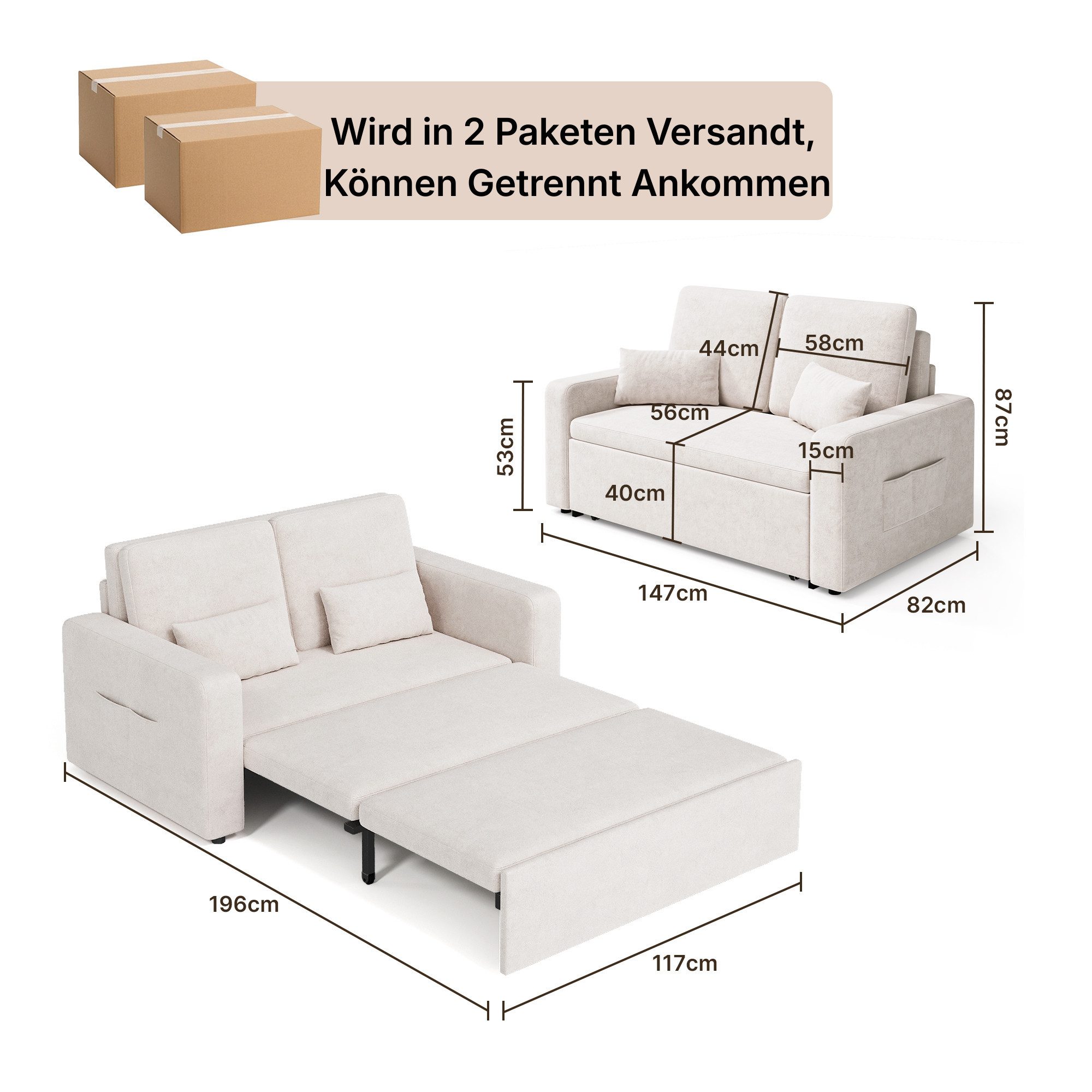 Blishom Schlafsofa 2-Sitzer-Schlafsofa aus Velours, ausziehbar, Liegefläche 117 x 196 cm, Mit Seitentaschen und zwei Zierkissen für Wohn- und Gästezimmer – Bild 3 von 5