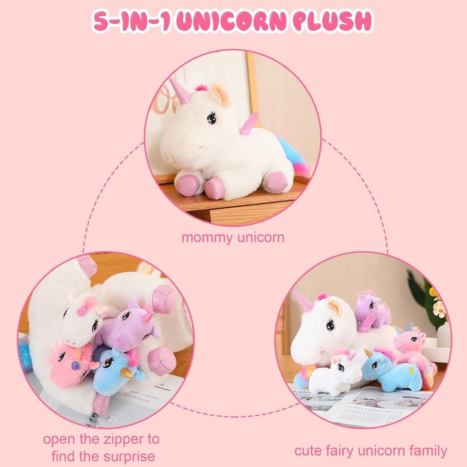 LuxusKollektion Kuscheltier Plüschkissen Einhorn mit 4 Babyeinhörnern Flügeln Regenbogen