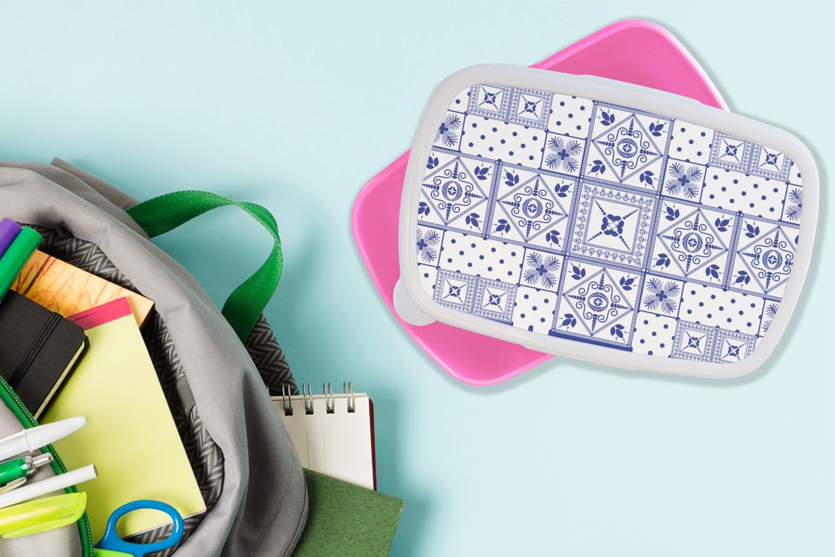 Kunststoff, Snackbox, Lunchbox MuchoWow Brotdose rosa Kinder, Brotbox (2-tlg), Blau, - Mädchen, - Muster für Delfter Fliesen Erwachsene, Kunststoff