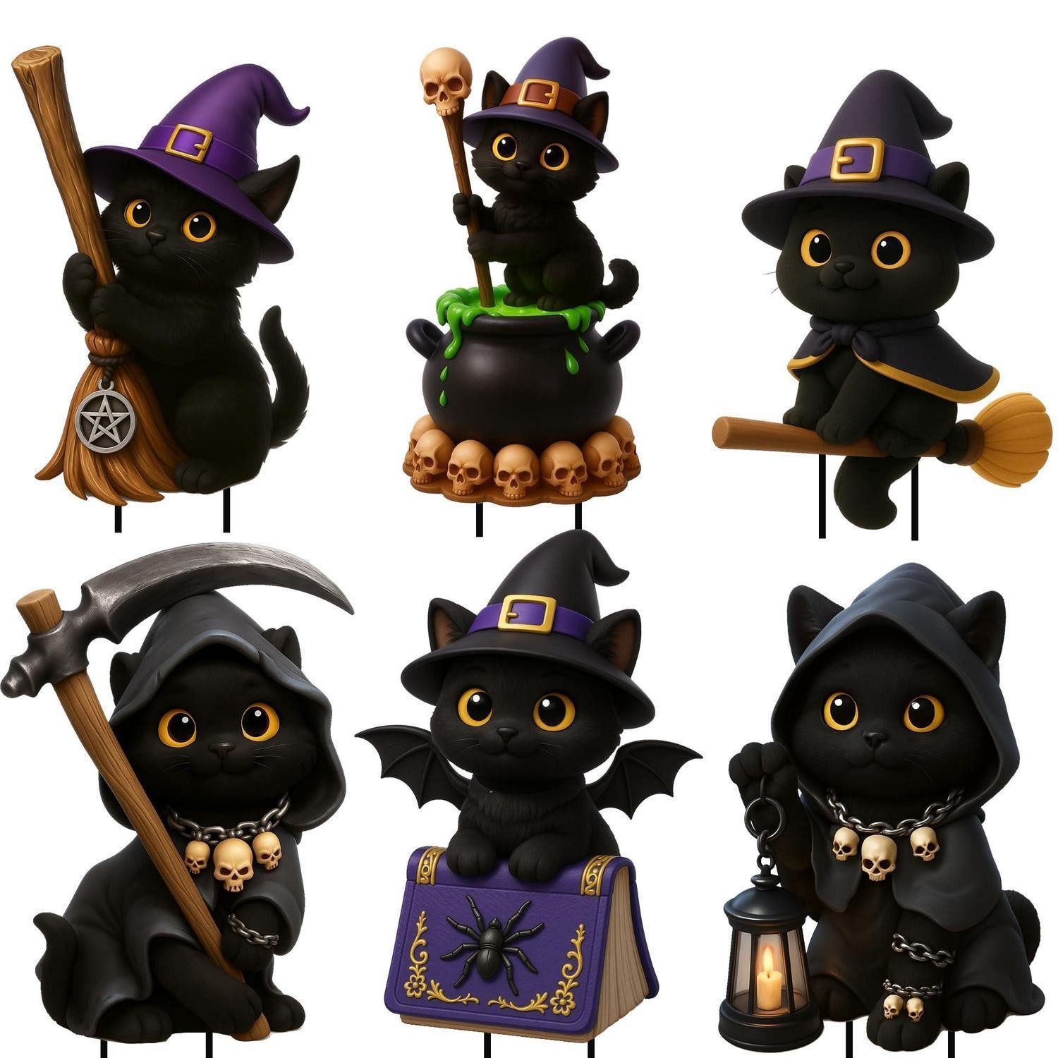 LuxusKollektion Tierfigur Halloween Gartendeko Katzen 6er Set Gruselig Hexenhut (6 St)