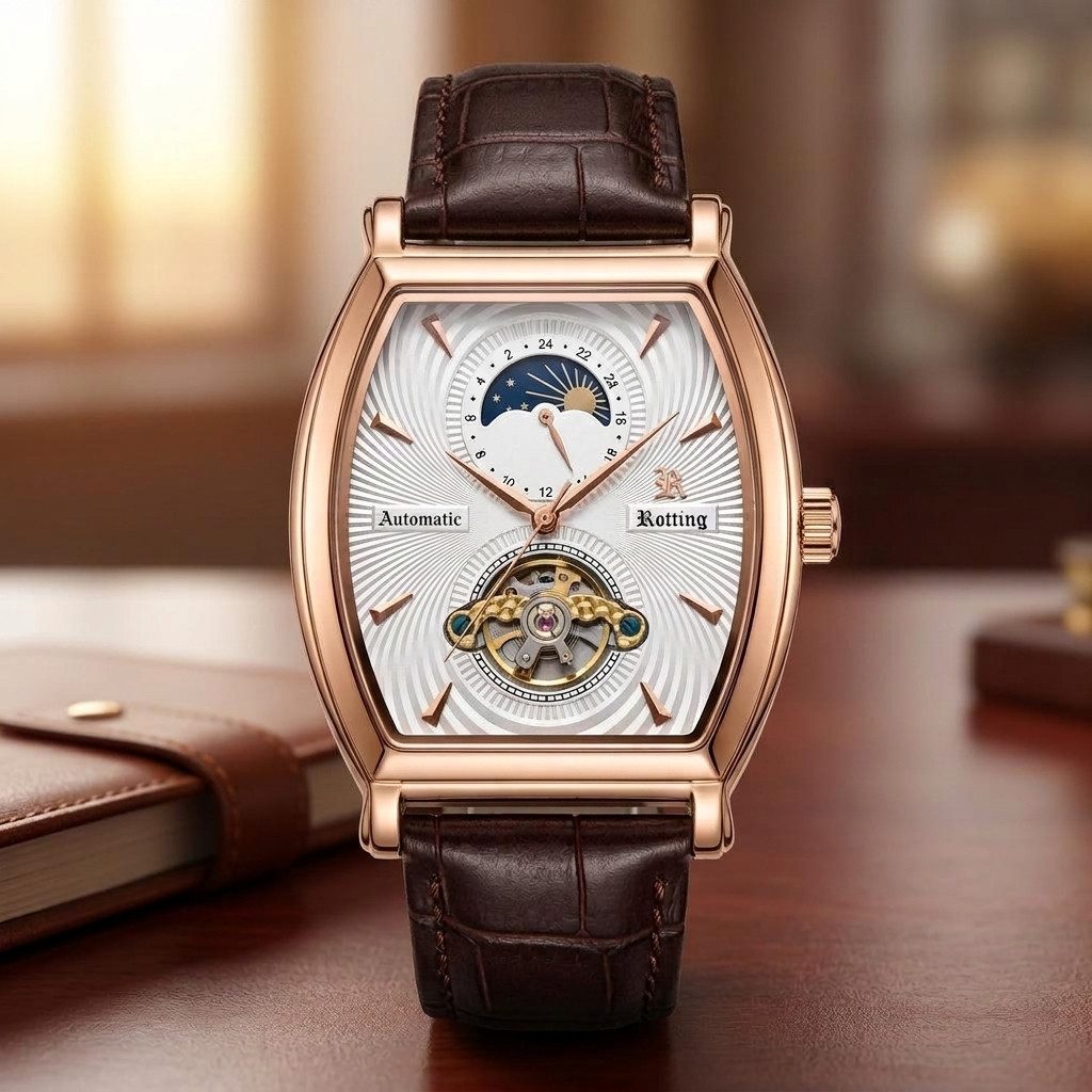 Rötting Design Automatikuhr Herren - offene Unruhe & Glasboden - Herrenuhr Automatik - Armbanduhr, Goldrosefarbenes Gehäuse - Lederarmband, mechanisch 24h Anzei – Bild 4 von 5