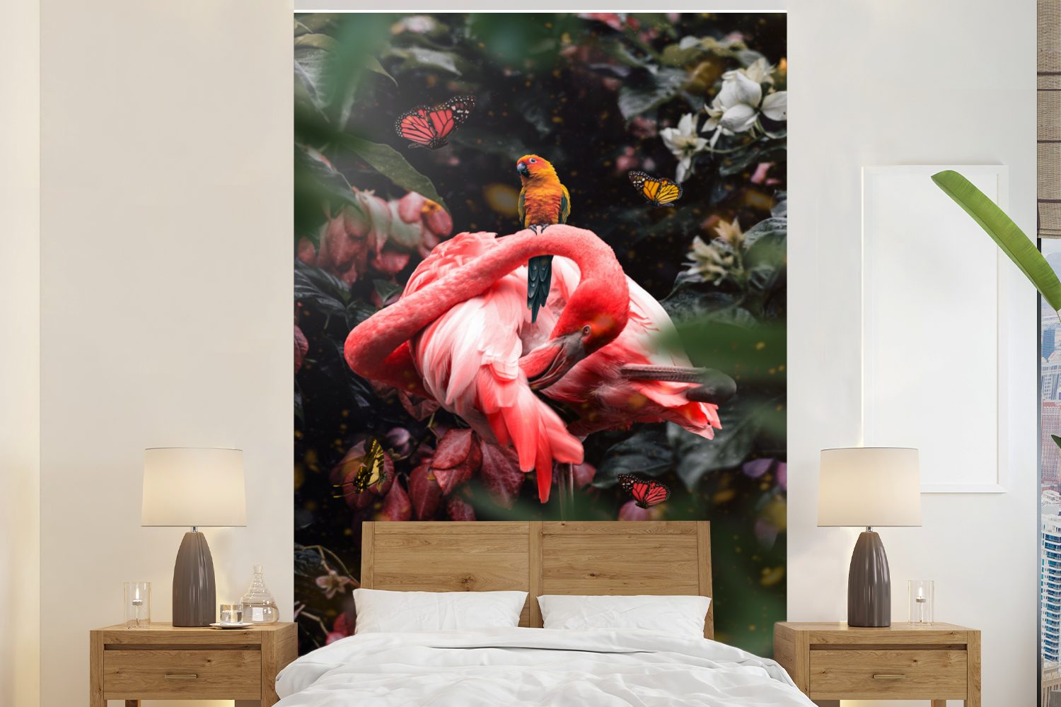 für MuchoWow (3 Wandtapete Flamingo - Vogel St), bedruckt, Vinyl Wohnzimmer, Tapete Dschungel, - Matt, Montagefertig Fototapete