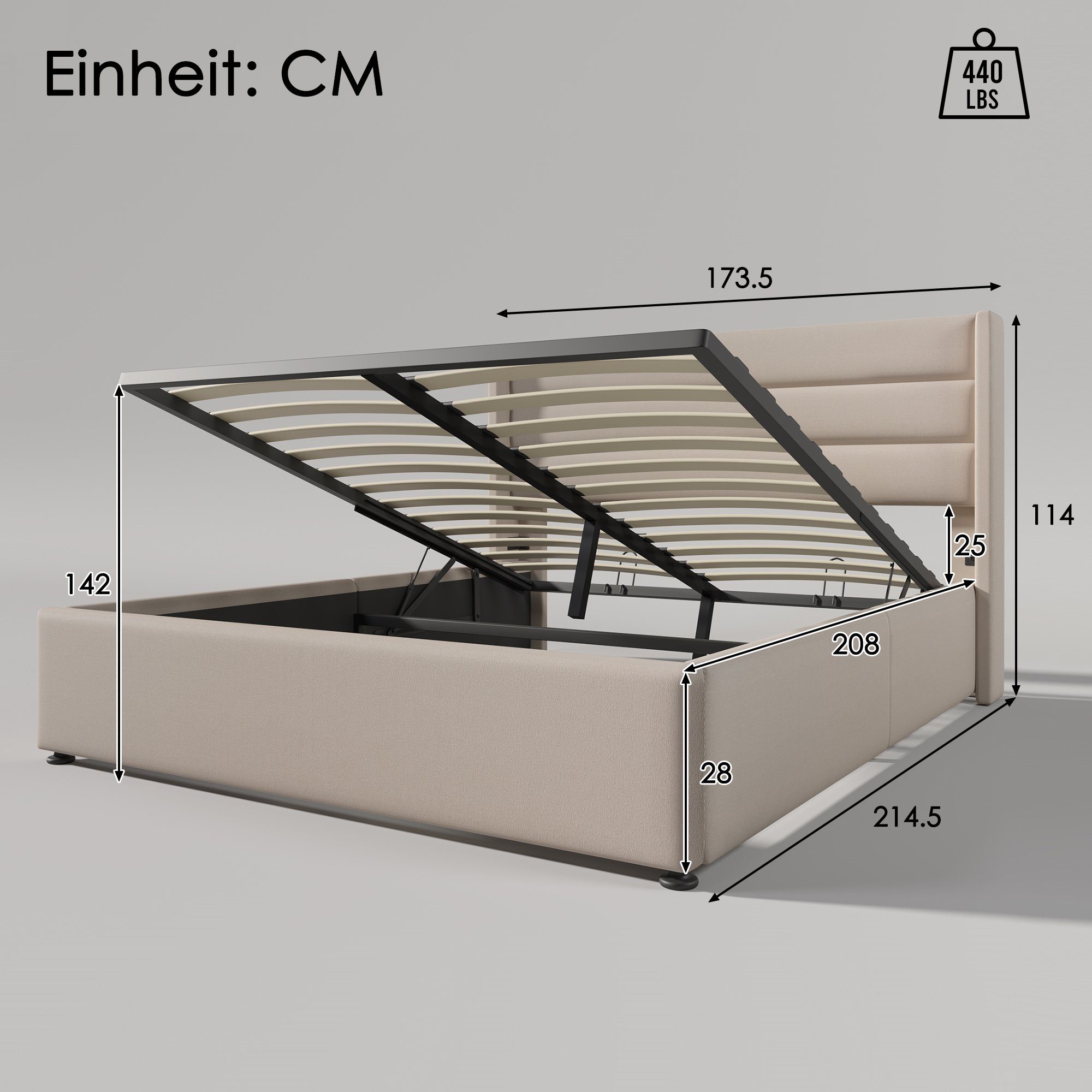 Boxspringbett (Funktionsbett, Doppelbett Hydraulisches Bett mit Lattenrost), Polsterbett Stauraumbett 160x200 cm, Lattenrost aus Holz, Leinen
