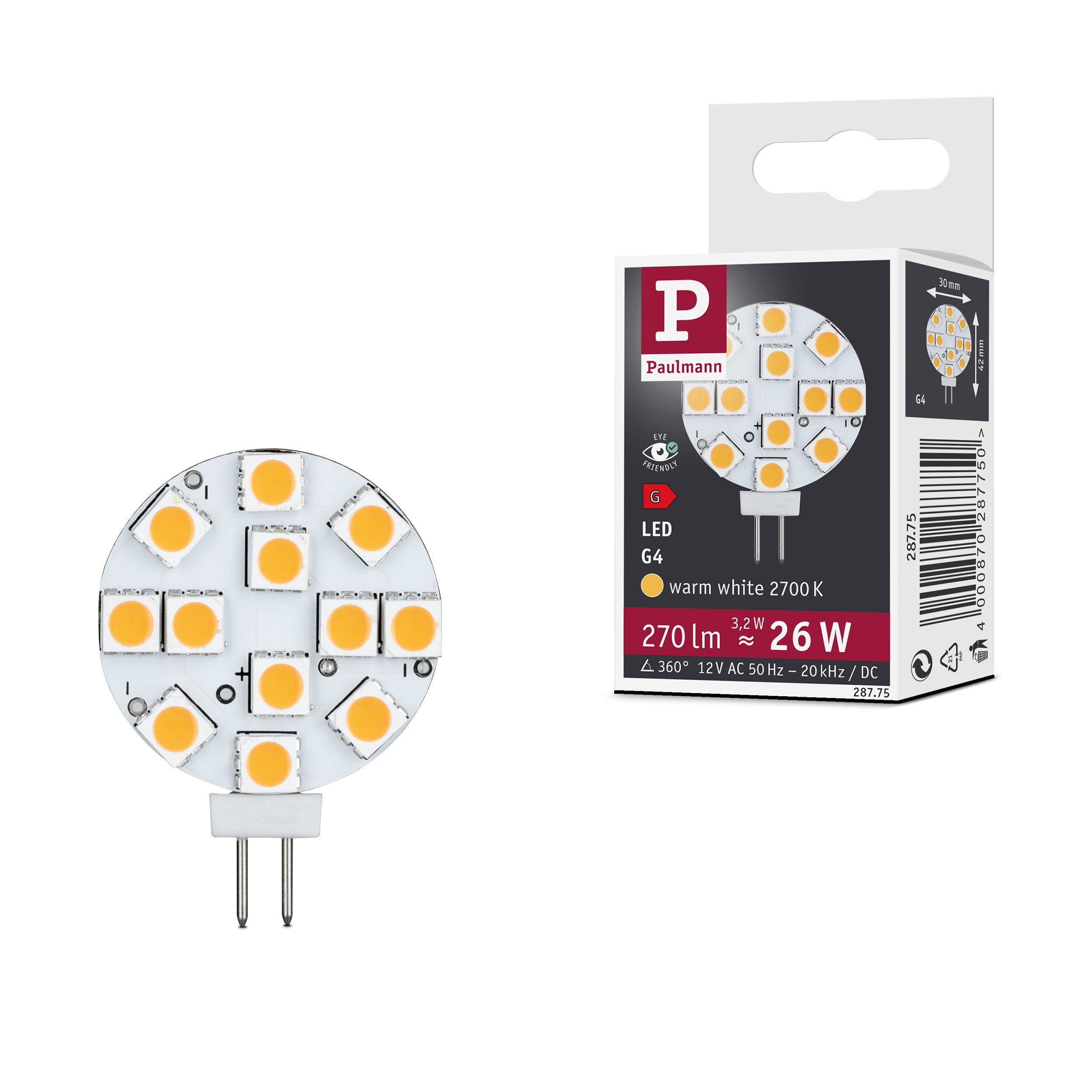 Paulmann LED-Leuchtmittel Standard 12V LED Stiftsockel G4 270lm 3,2W 2700K Weiß, G4, 1 St.