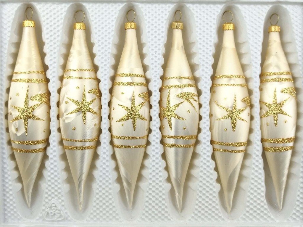 Navidacio Christbaumschmuck 6 tlg. Glas-Zapfen Set in Ice Champagner Gold Komet