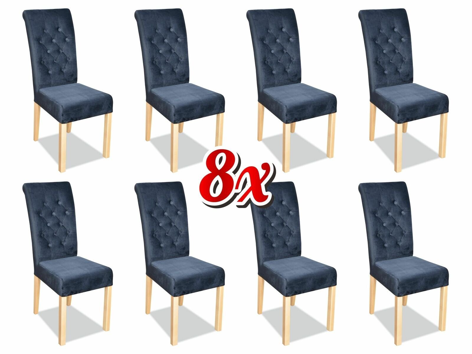 8x Stuhl, Dunkelblau Stuhl JVmoebel Holz Chesterfield Lehn Textil Sessel Design Klassische Polster Stühle