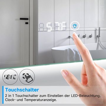 SONNI Badspiegel Badspiegel mit LED Uhr Temperaturanzeige 120x60 cm Badezimmerspiegel, IP44 Energiesparend Wandspiegel mit Beleuchtung Lichtspiegel