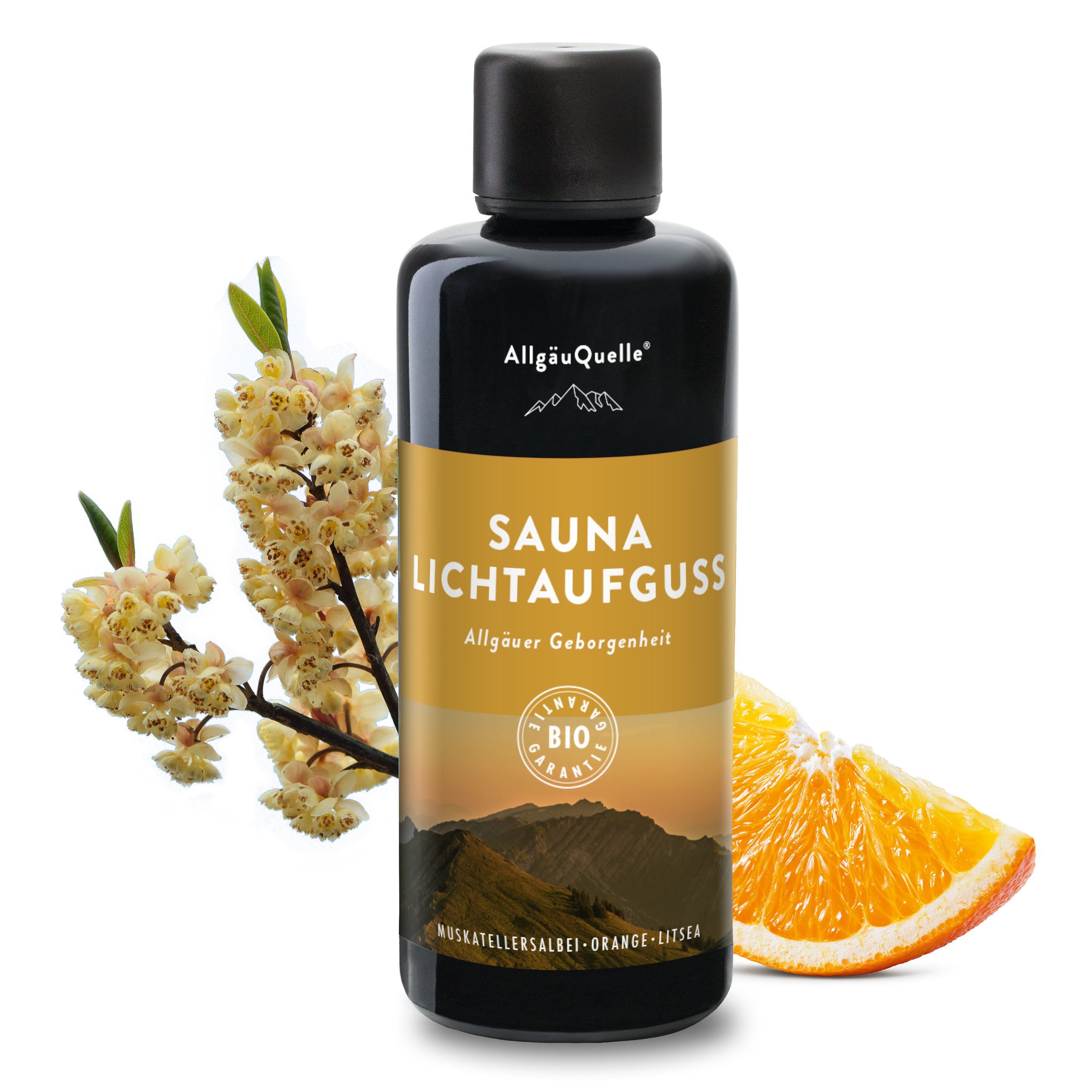 Allgäuquelle Sauna-Aufgussset BIO Saunaaufguss Lichtaufguss Saunaduft (1 x 100ml) mit Muskatellersalbei, Orange und Litsea