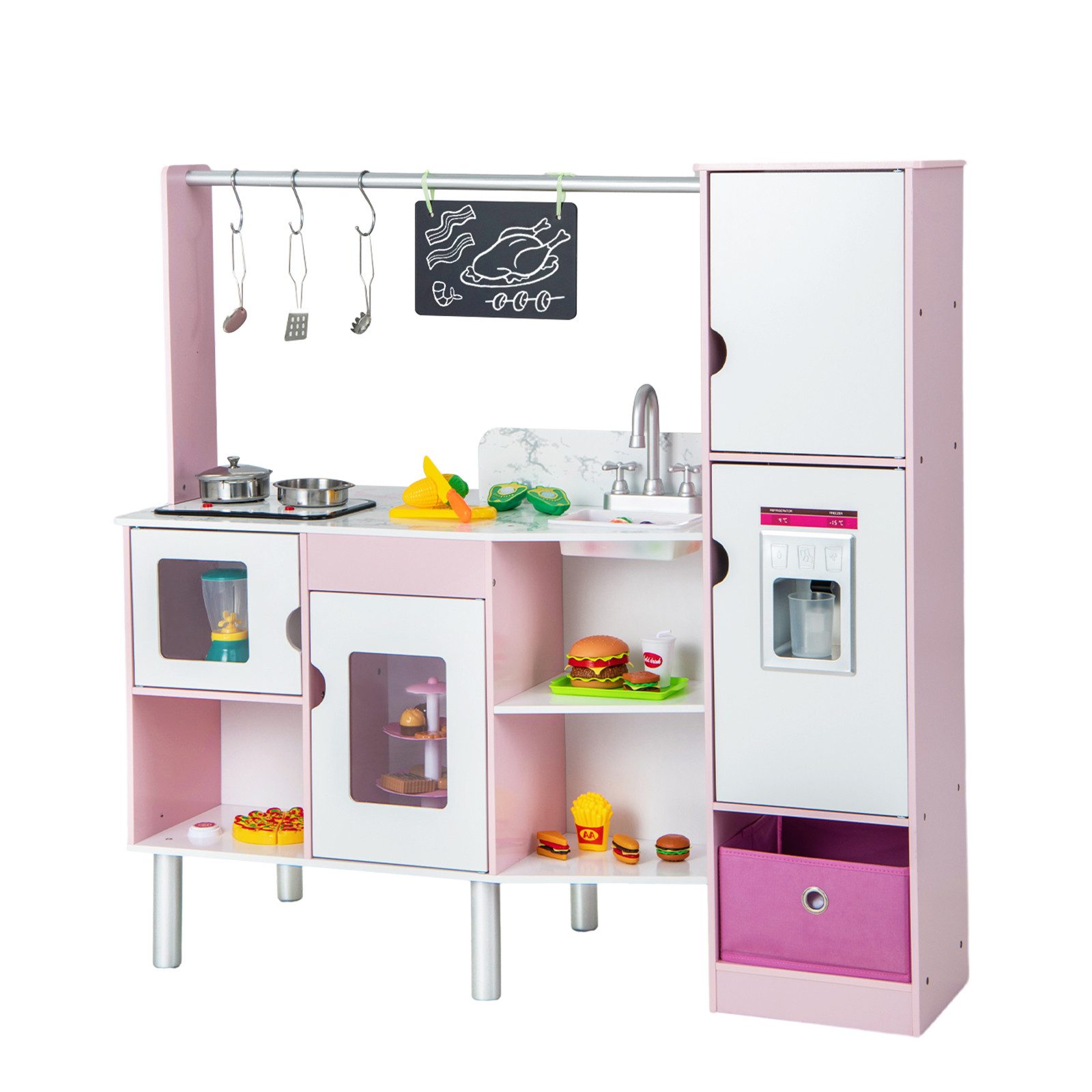 COSTWAY Spielküche, 2 in 1 Kinderküche, doppelseitig mit Tafel