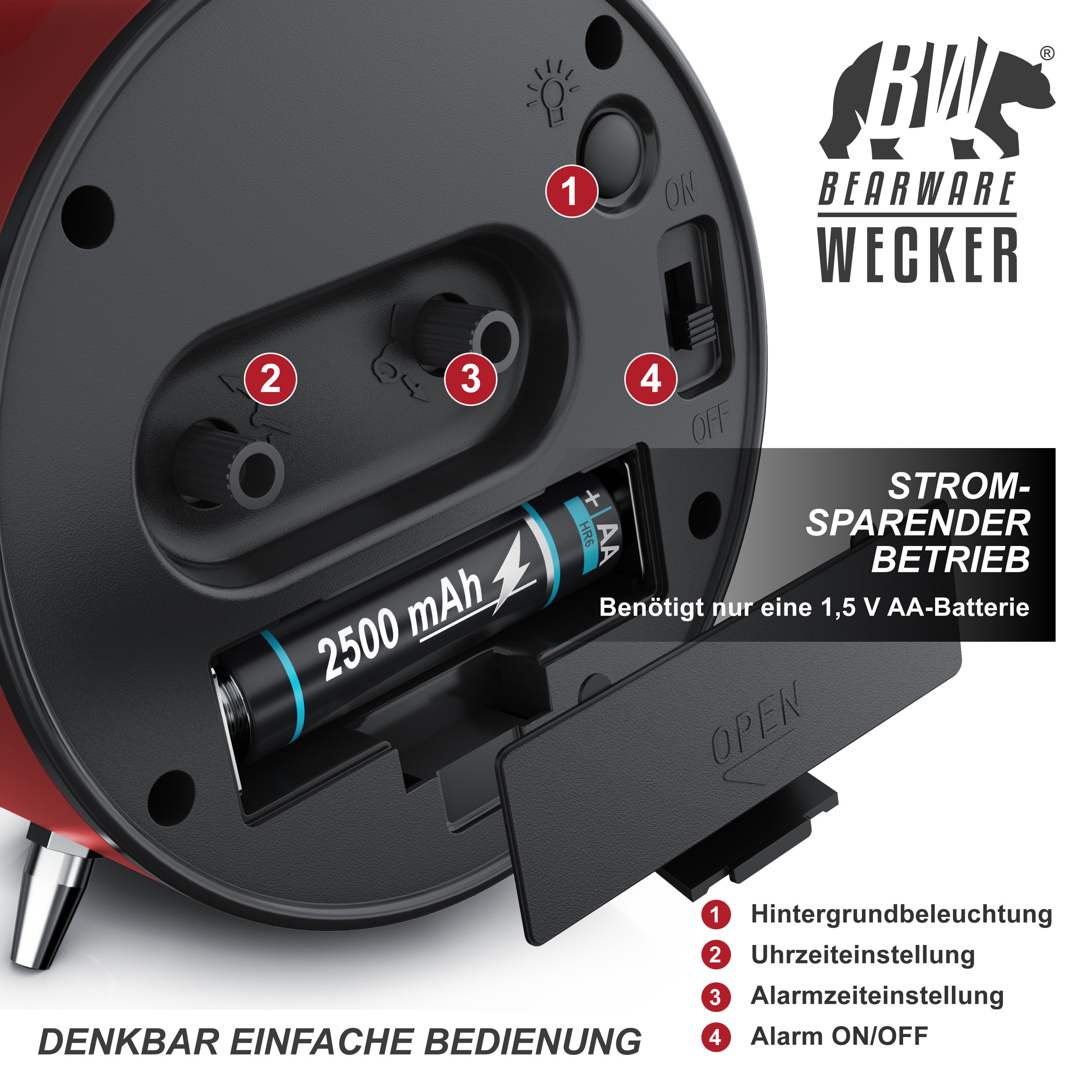 BEARWARE Wecker Analog, rund, mit Licht, Retro, lauter Glockenalarm für Tiefschläfer Einfache Bedienung, weiße Tafel, Beleuchtet, ohne Ticken, Vintage