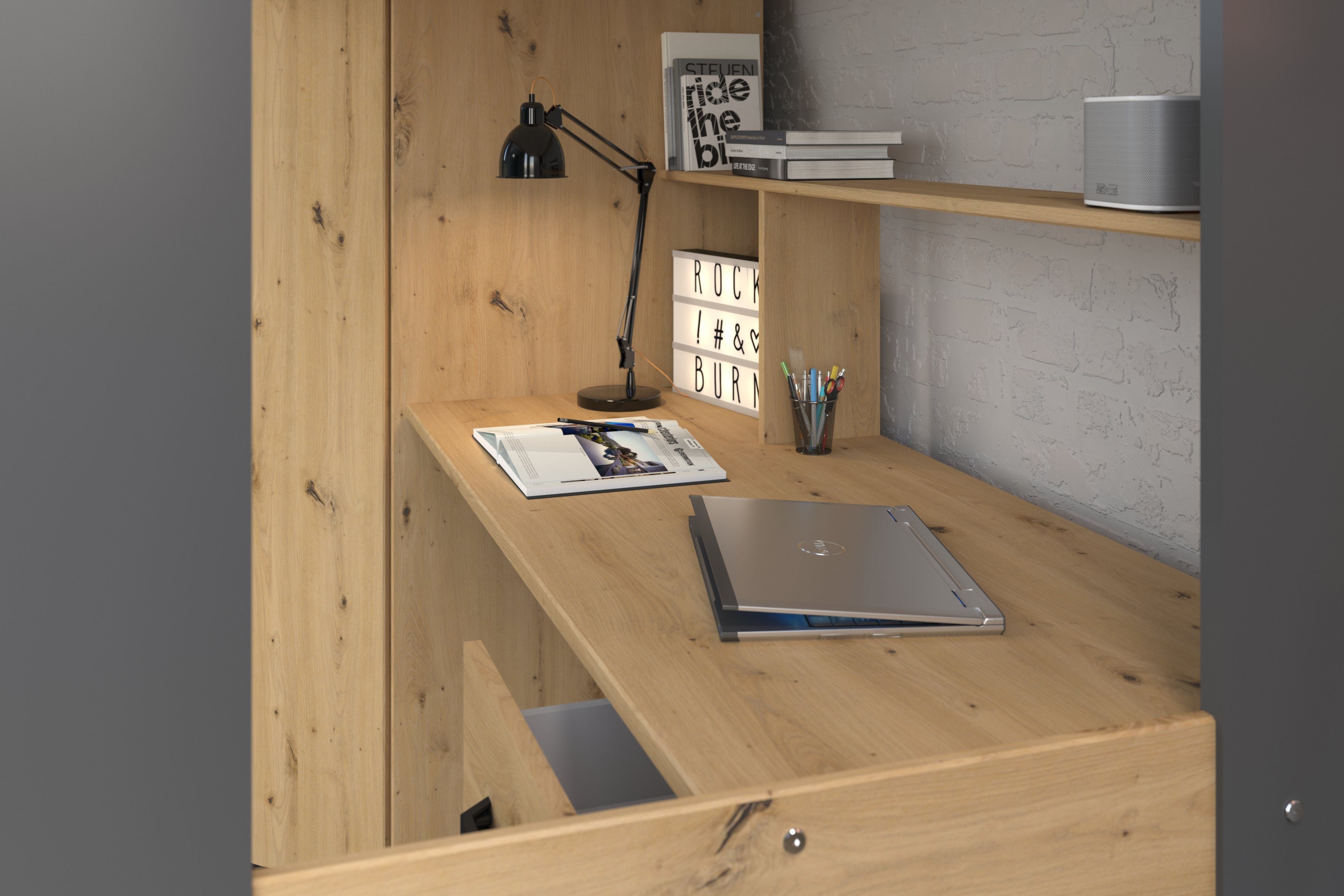 Parisot Hochbett Heavy (Hochbett mit Schreibtisch und Kleiderschrank, 1-St., mit Leiter 1x Schublade, 3 Offene Fächer) Kleiderstange