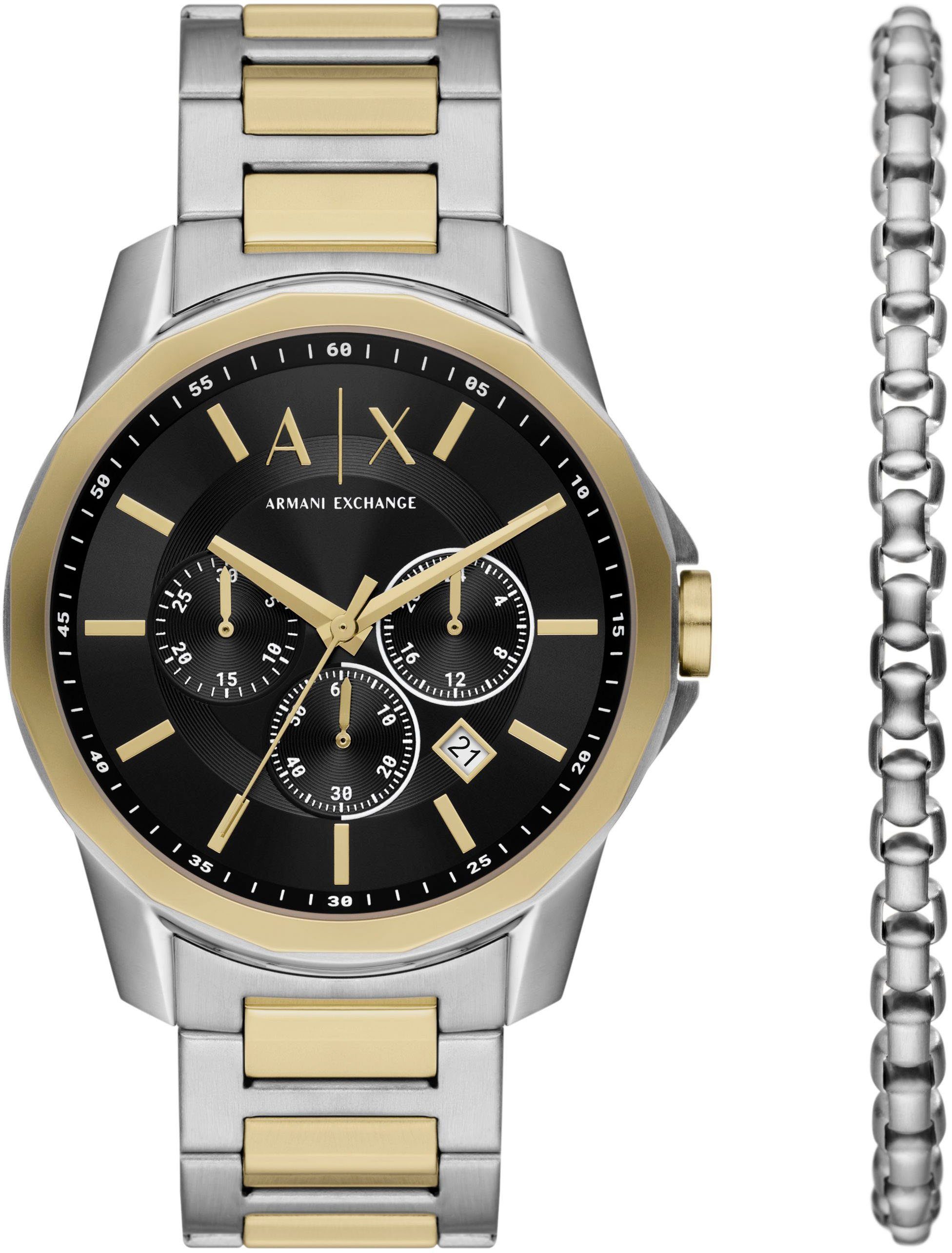 ARMANI EXCHANGE Chronograph AX7148SET, (Set, 2-tlg., mit Armband), ideal  auch als Geschenk, Gehäuse aus Edelstahl, Gehäuse-Ø ca. 44 mm | Quarzuhren