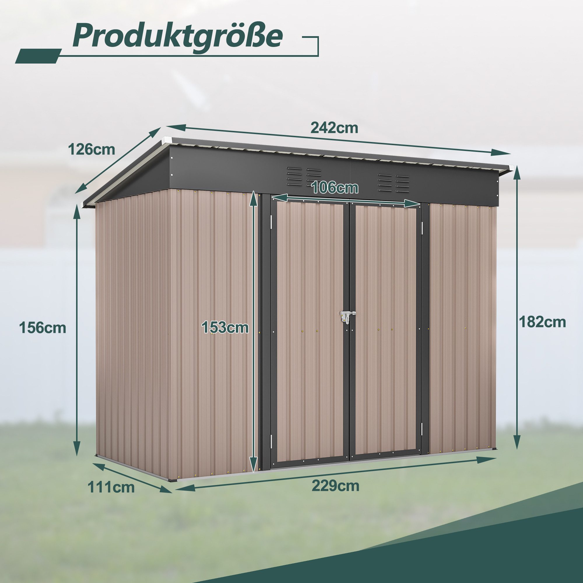 Rolipo Gerätehaus Metall-Anlehn-Geräteschuppen rostbeständig, wetterfest, BxT: 242x111 cm, (Set), Witterungsbeständiges Gartenhaus für Rasenmäher,Fahrräder & Mülltonnen