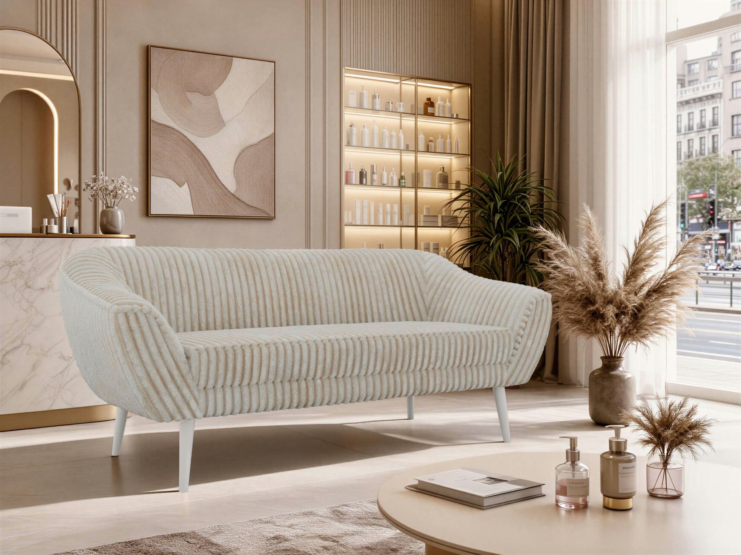 MKS MÖBEL Sofa PIRS, 3-Sitzer, Design mit Steppung, Wellenfederung, Scandi-Design, Füße wählbar