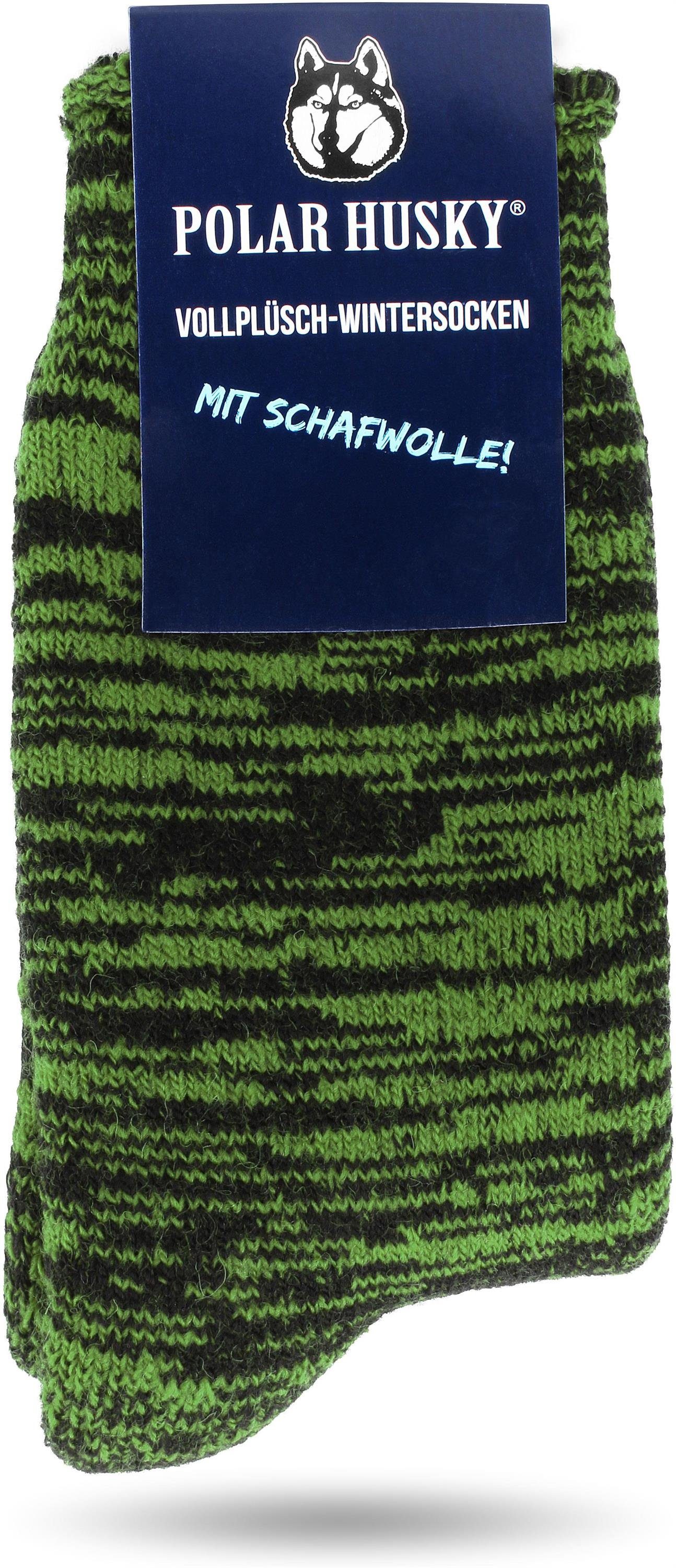 Wolle Husky mit gefüttert Farbige Vollplüsch-Socken Polar durchgehend Thermosocken Grün/Schwarz