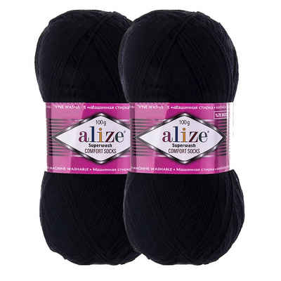 Alize 2 x 100g Sockenwolle Superwash Comfort Häkelwolle, 60 schwarz