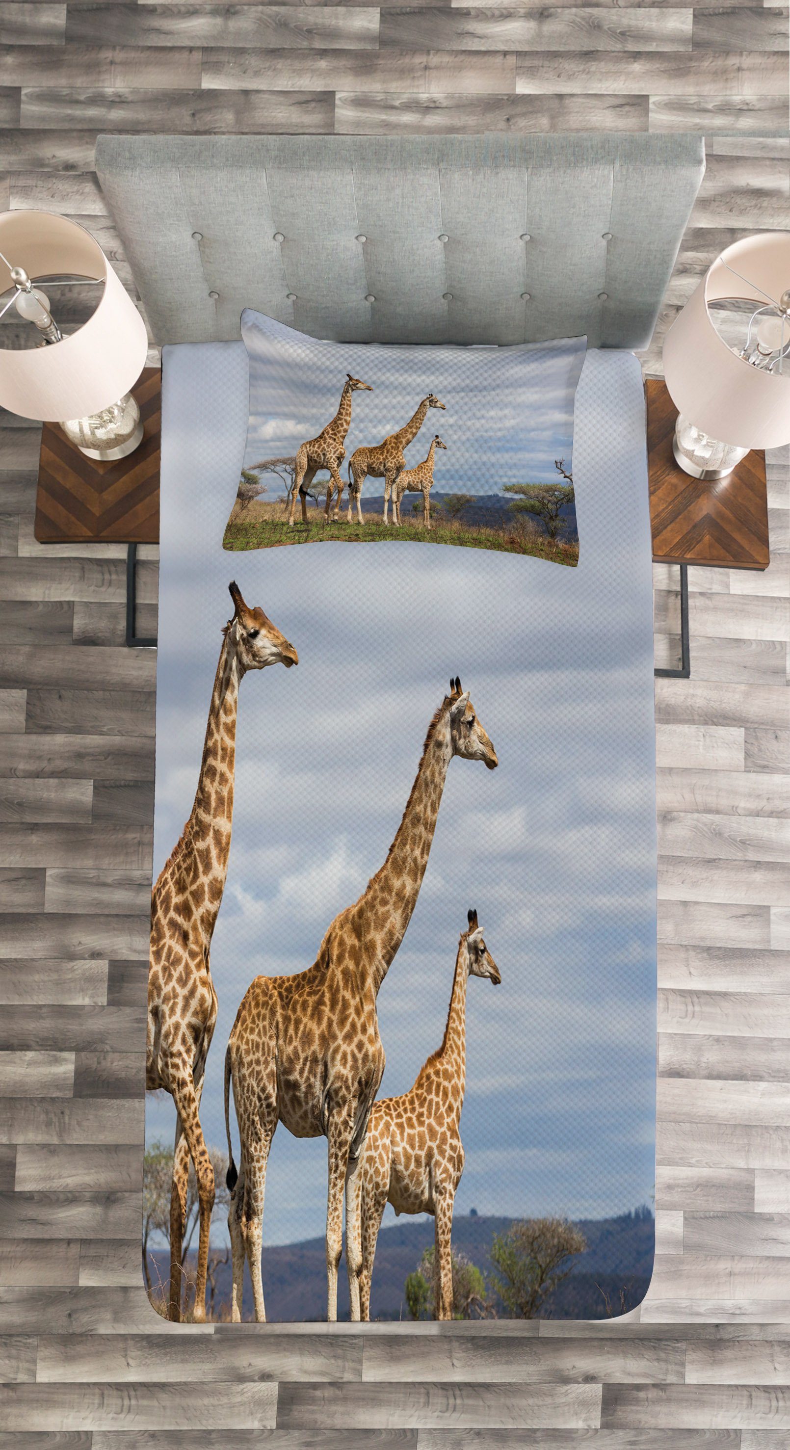mit Waschbar, Abakuhaus, Tagesdecke Afrika Giraffen-Familie Set Kissenbezügen