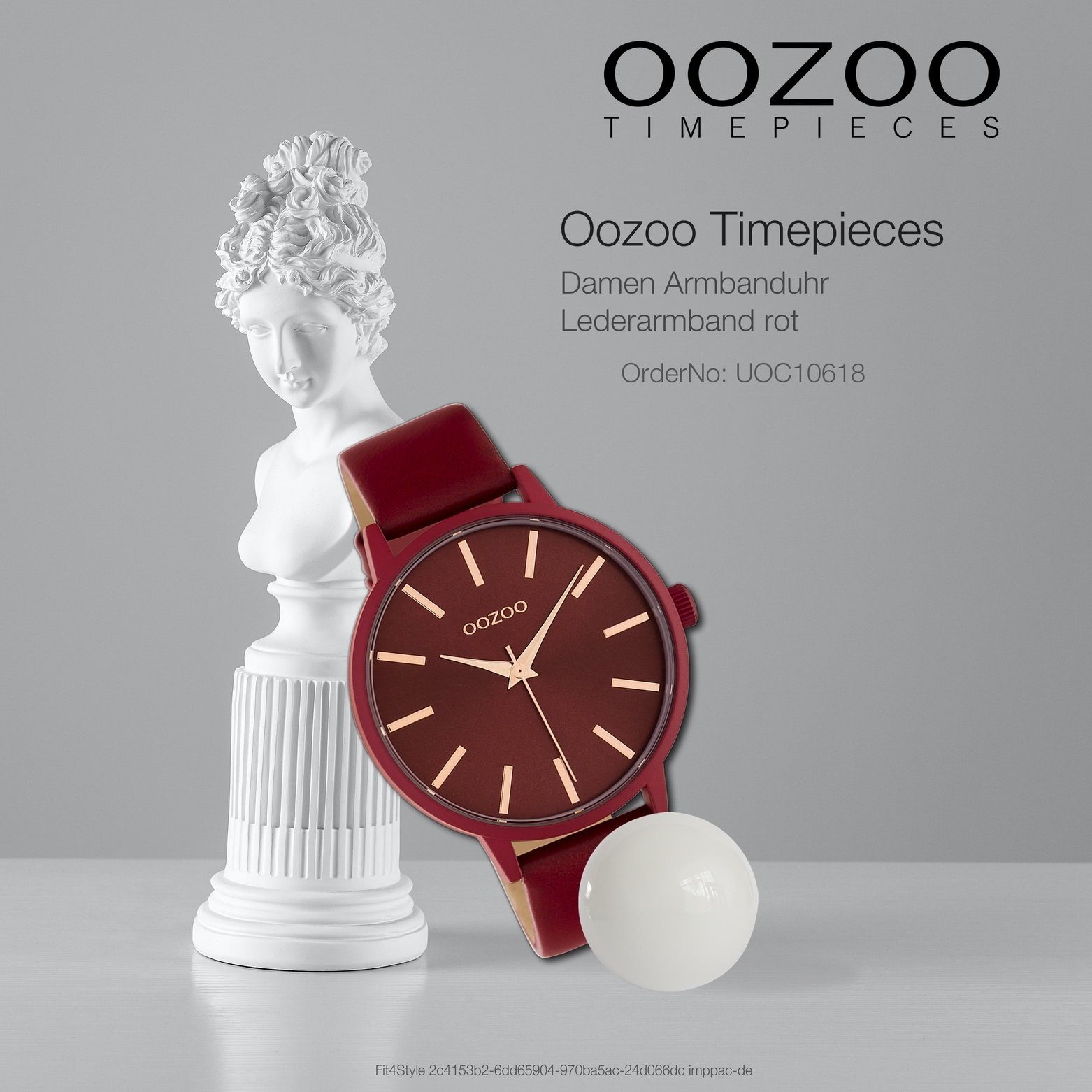 Quarzuhr groß 42mm) Oozoo rot, Lederarmband, Armbanduhr rund, Damen Damenuhr OOZOO (ca. Fashion-Style