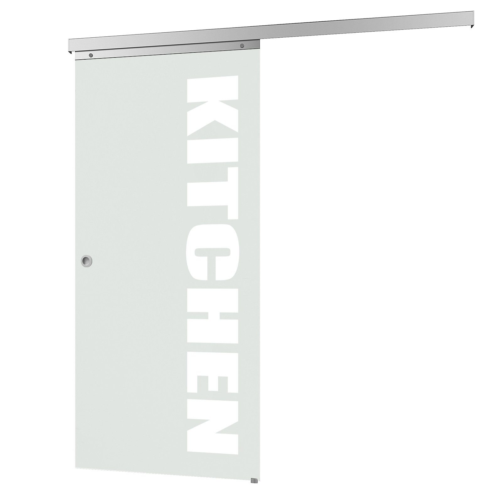 inova wohnen Glasschiebetür Glas KITCHEN Schriftzug Größenauswahl (Komplett Set), Schienensystem