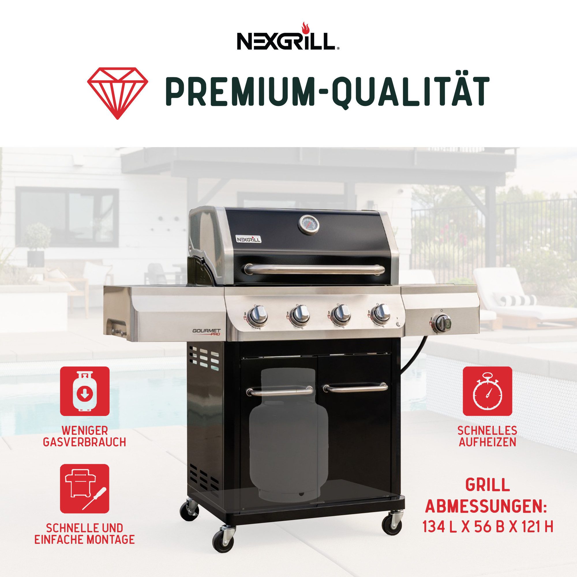 nexgrill Gasgrill 4B Gourmet Pro 4 + 1 Brenner, Seitenkochfeld & Gusseisen Plancha, 16,5KW, Gourmet Pro, Aufbaumaß: 134x56x121 cm