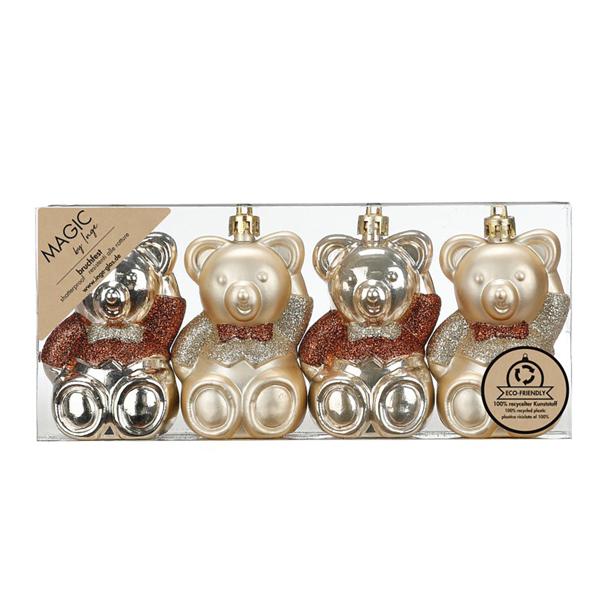 Holly & Jolly Christbaumschmuck, Christbaumschmuck Teddybären 8cm Kunststoff 4er Set - Creamy Gold