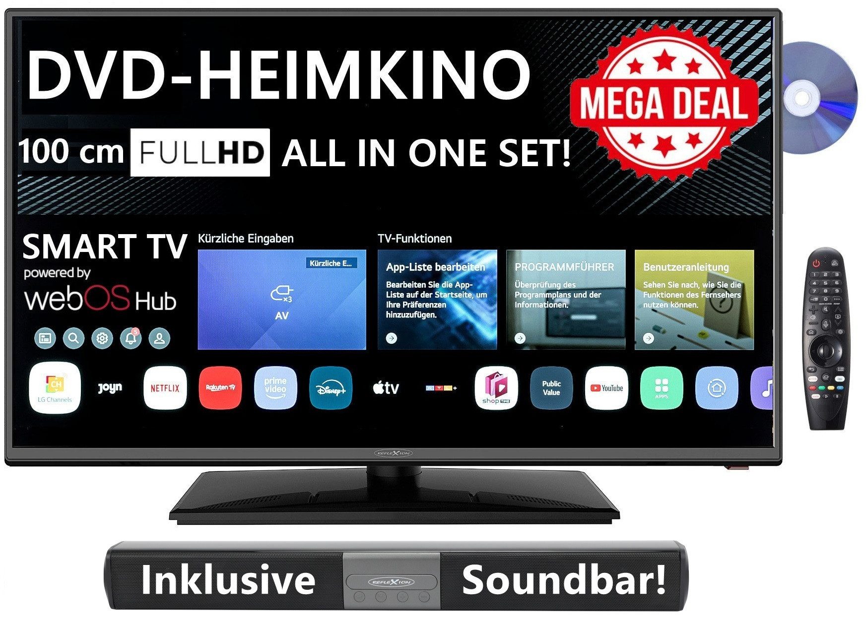 Reflexion LDDW40IBT LED-Fernseher (100 cm/40 Zoll, Full HD, Smart-TV, powered by webOS Hub (LG), DC IN 12 Volt / 24 Volt, Netzteil 230 Volt, integrierter DVD-Player)