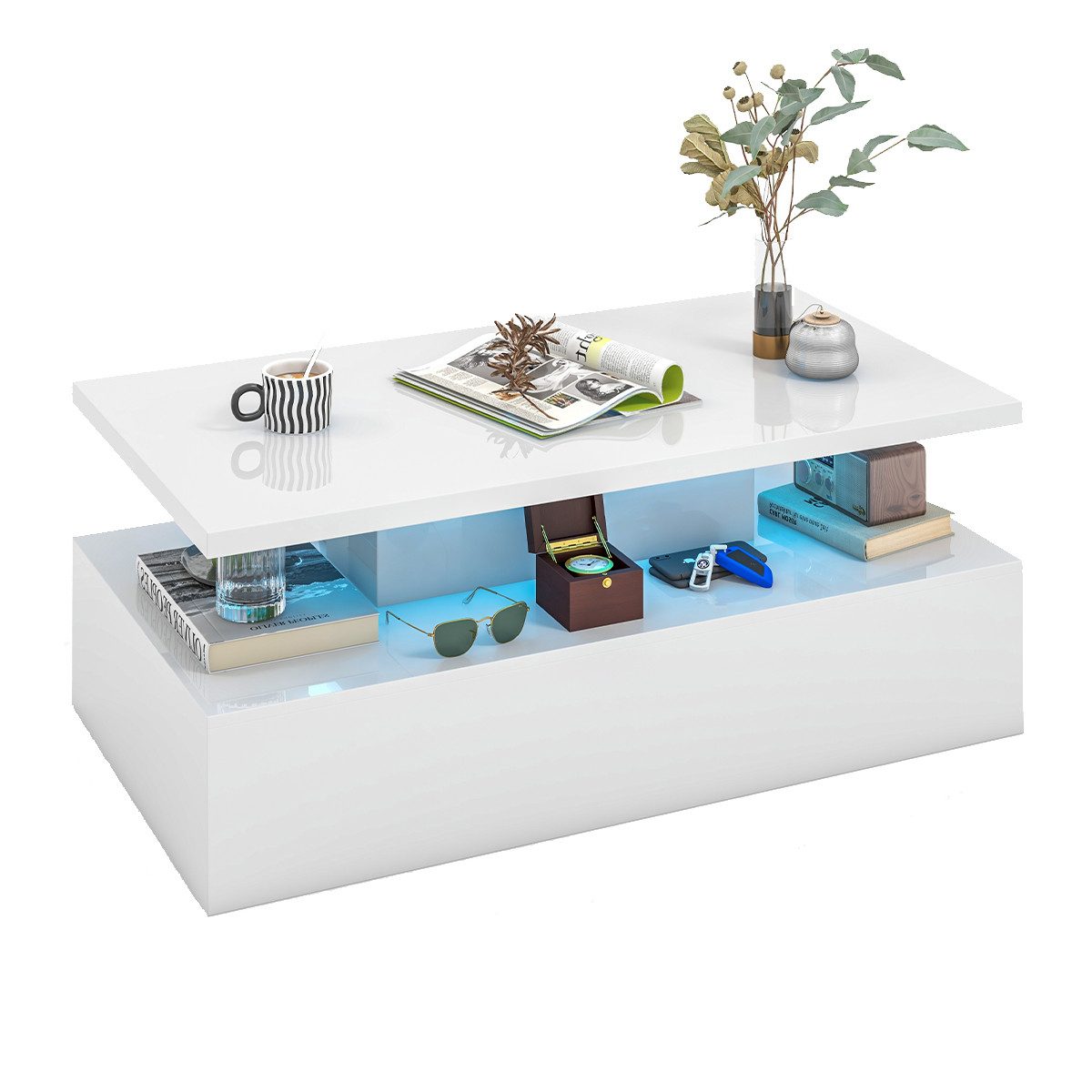 COSTWAY Couchtisch, mit LED 20 Farben, Sofatisch mit Stauraum hochglanz, 11 günstig online kaufen