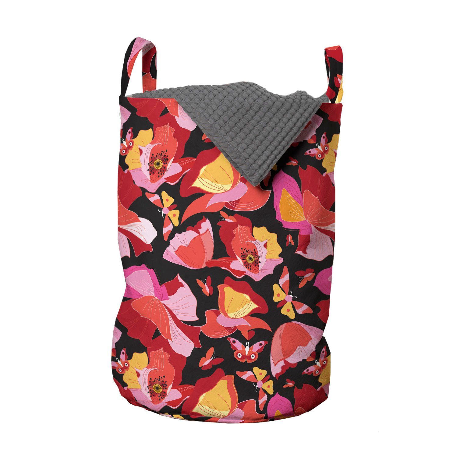 Abakuhaus Wäschesäckchen Wäschekorb mit Griffen Kordelzugverschluss für Waschsalons, Mohn Blüten Schmetterlinge