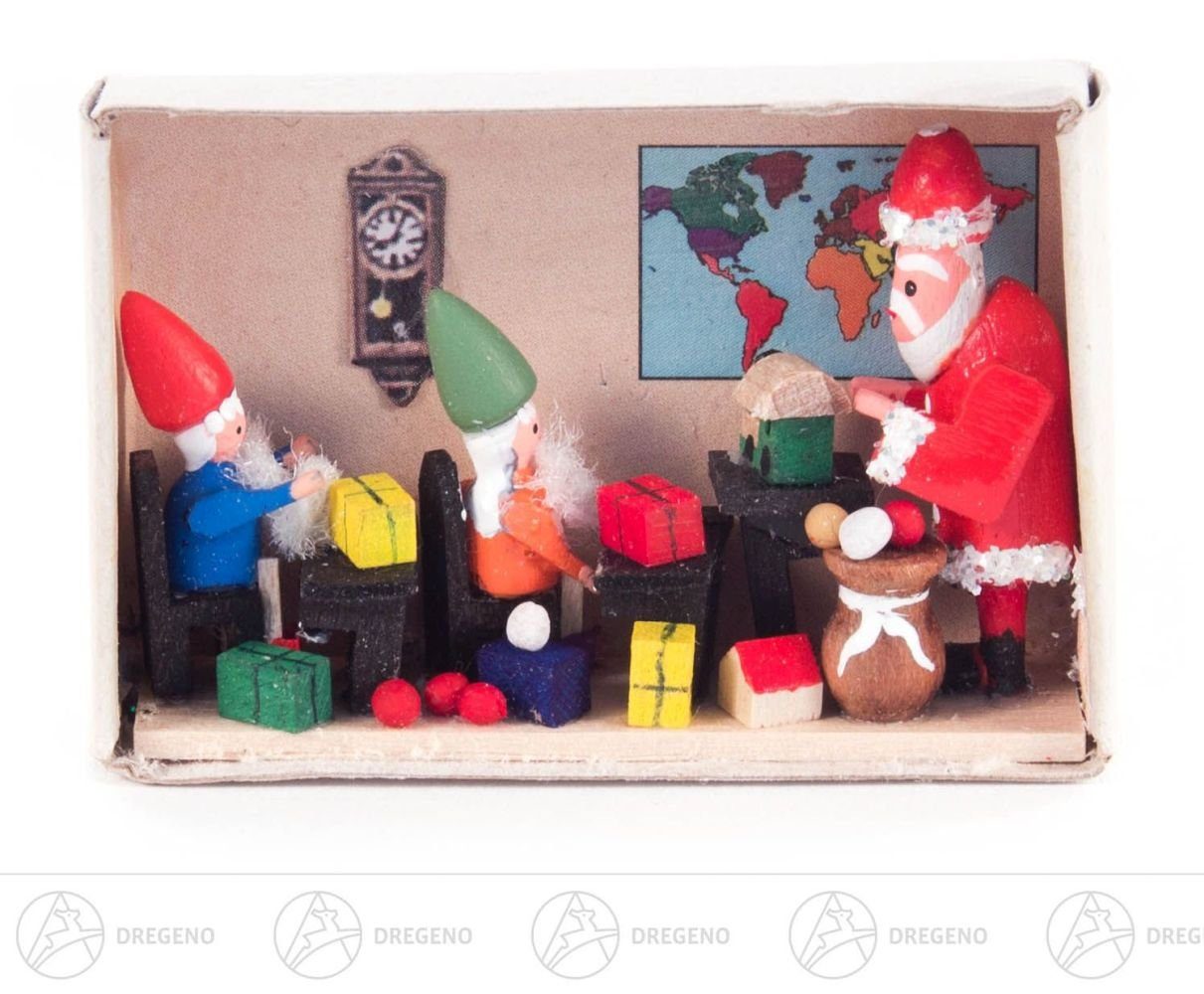 Dregeno Erzgebirge Weihnachtsfigur Miniatur Zündholzschachtel Wichtelwerkstatt Breite x Höhe ca 5,5 cm, für Setzkasten