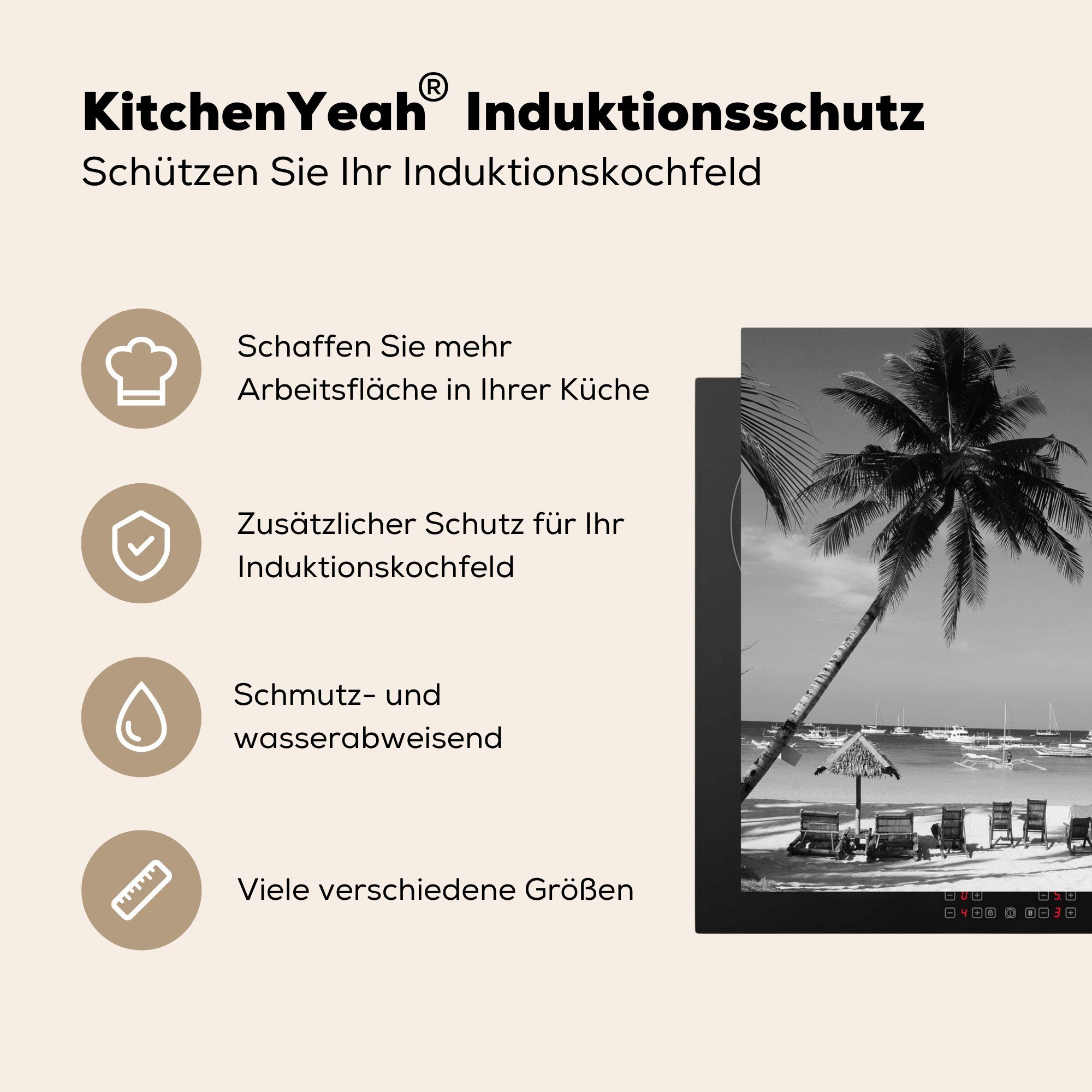 Palmen und cm, von schwarz am Strand Ceranfeldabdeckung, und Arbeitsplatte weiß, tlg), küche (1 78x78 Boracay Liegestühle Herdblende-/Abdeckplatte MuchoWow Vinyl, für -
