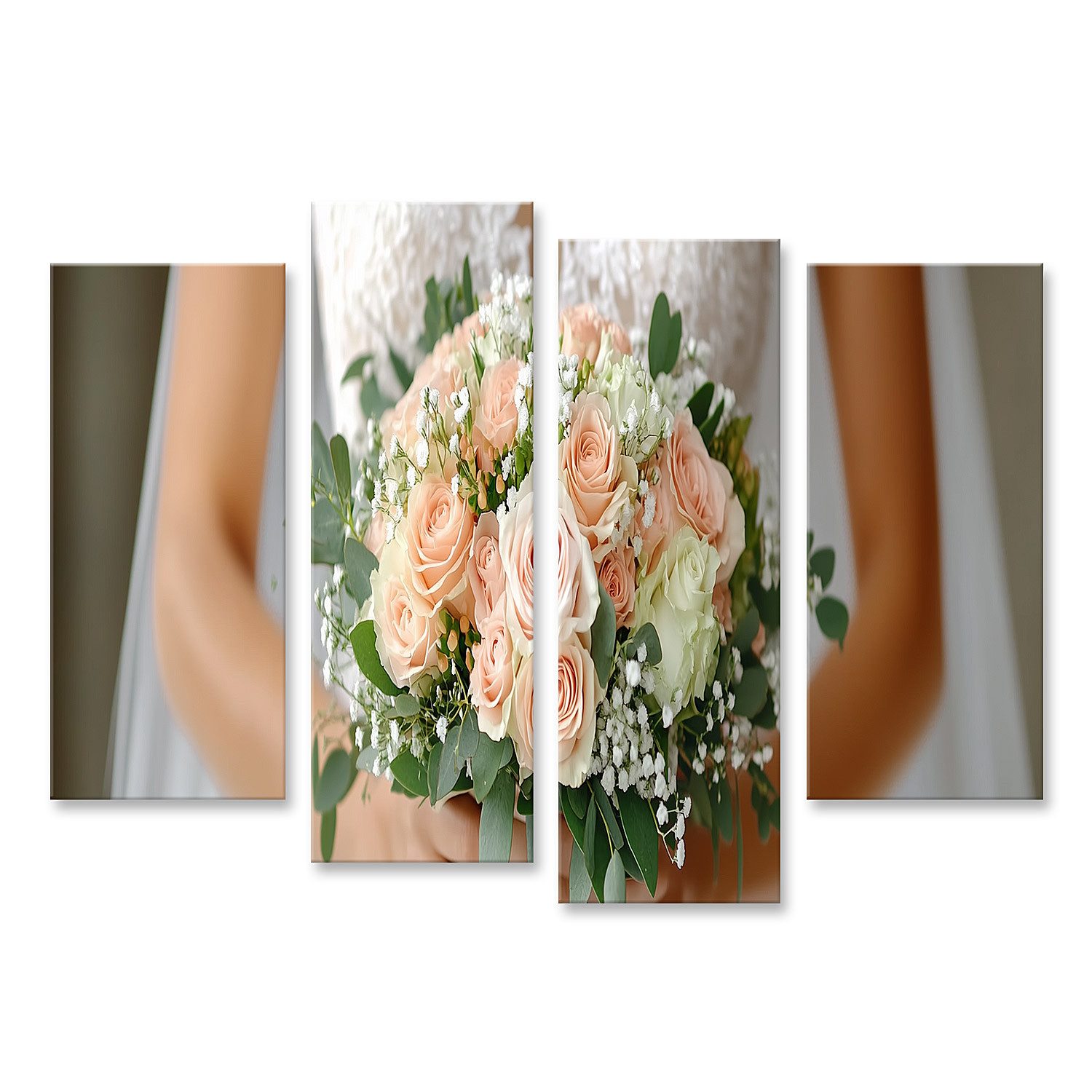 islandburner Leinwandbild, Braut mit elegantem Blumenstrauß aus Rosen und Grünzeug