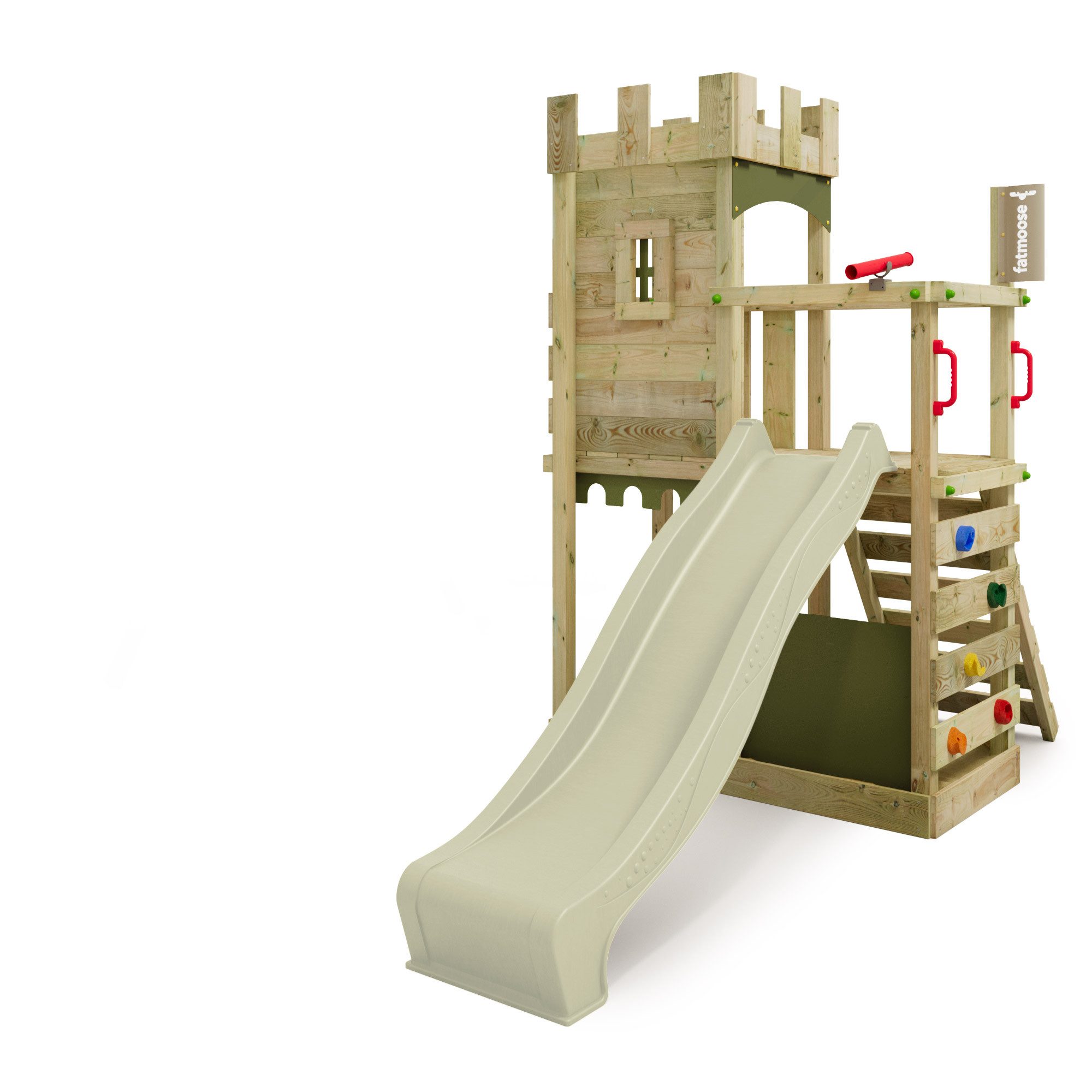 FATMOOSE Klettergerüst BoldBaron Boost – Ritterburg mit Wellenrutsche & Kletterwand, (Abenteuer-Spielturm - kreativer Outdoor-Spielspaß, mit Zinnendach, Sandkasten & Kletterleiter), langlebig & sicher - 10 Jahre Garantie*