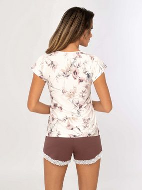 Donna Shorty Schlafanzug kurz T-Shirt floraler Print unifarbene Shorts mit Spitze (Set, 2 tlg., 1 Stück) premium Viskose, Made in Europa
