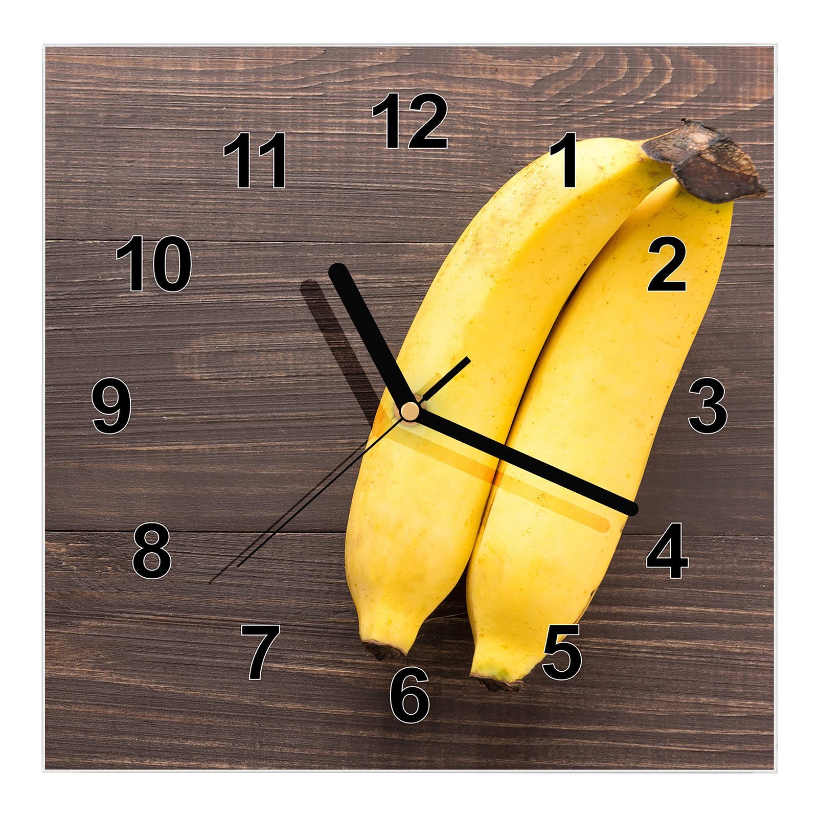 Motiv Tisch Bananen mit 30 cm Größe auf Primedeco Glasuhr Wandkunst Wanduhr x Wanduhr 30