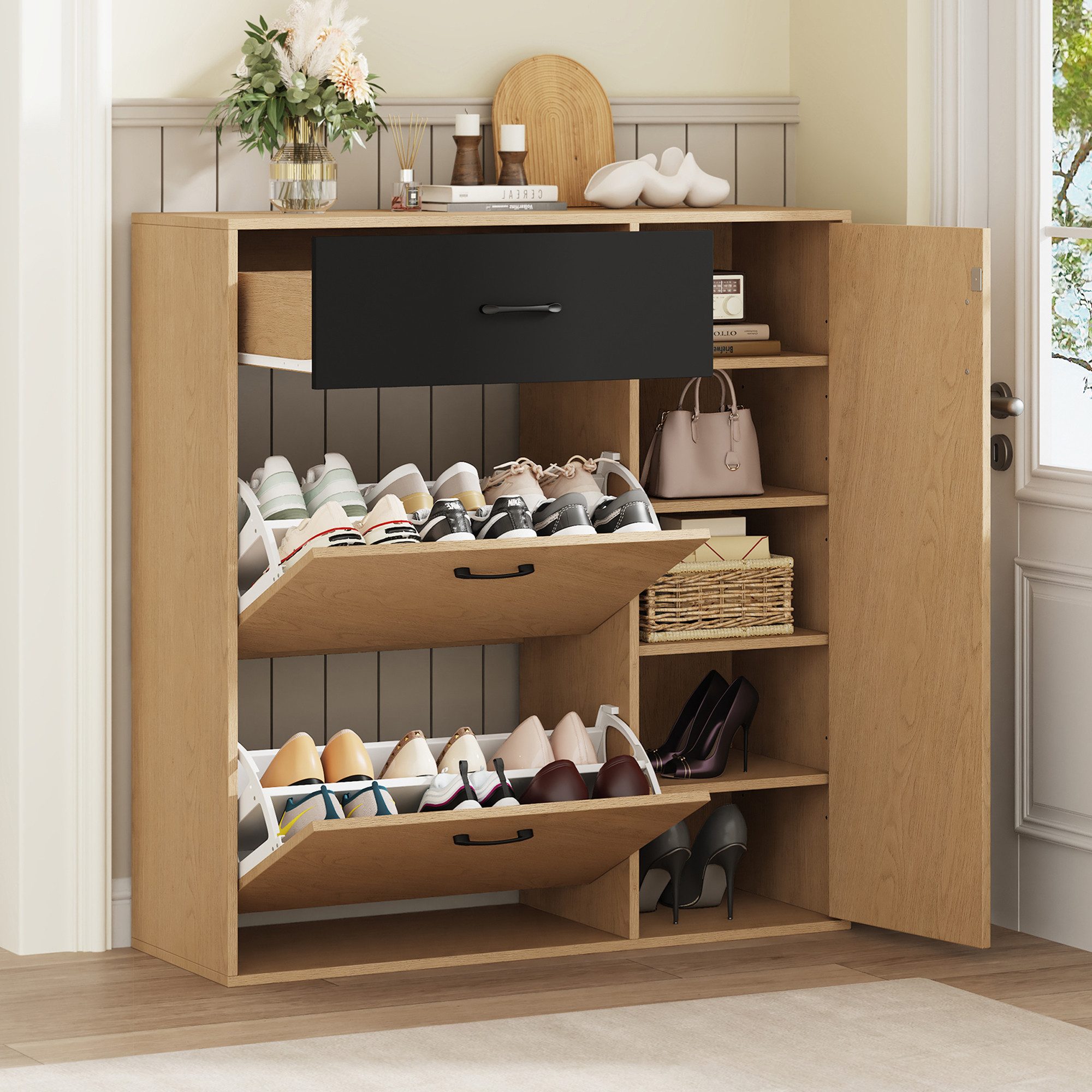 Merax Schuhschrank Naturholzoptik mit Schwarz, schmaler Schuhkipper, 100x35x106cm (Schuhaufbewahrung für Flur und Eingangsbereich, 1-St) …
