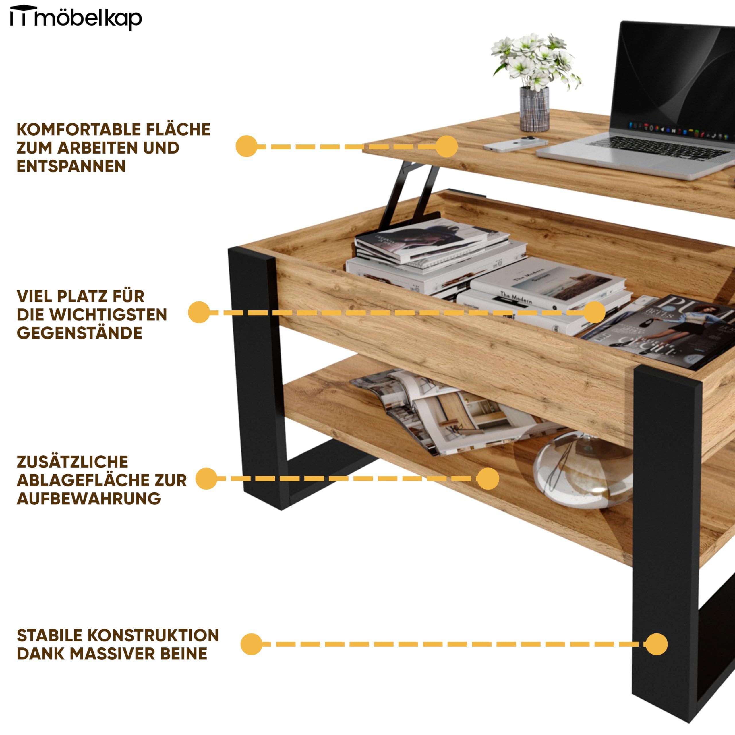 TREND WERK Couchtisch Lift-Couchtisch höhenverstellbar Sofatisch 92×54 cm mit Stauraum, verstecktem Fach Wohnzimmertisch Holz modern – Bild 5 von 5
