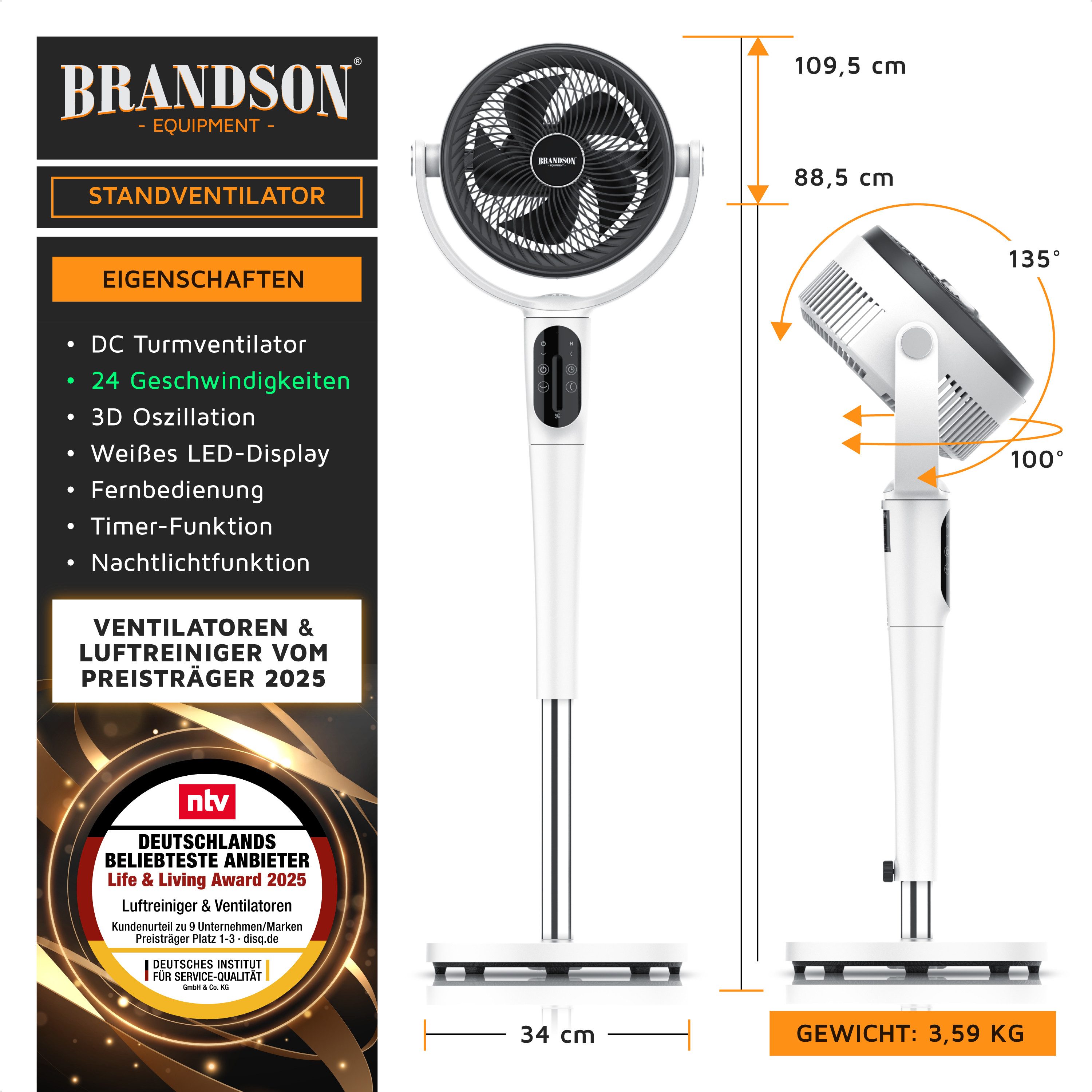 Brandson Standventilator mit Fernbedienung, leise, DC, 60% Energieersparnis, 3D Oszillation, 21.5 cm Durchmesser, Preisträger 2025, Nachtlicht, Timer, 24 Stufen, 88,5 - 109,5 cm
