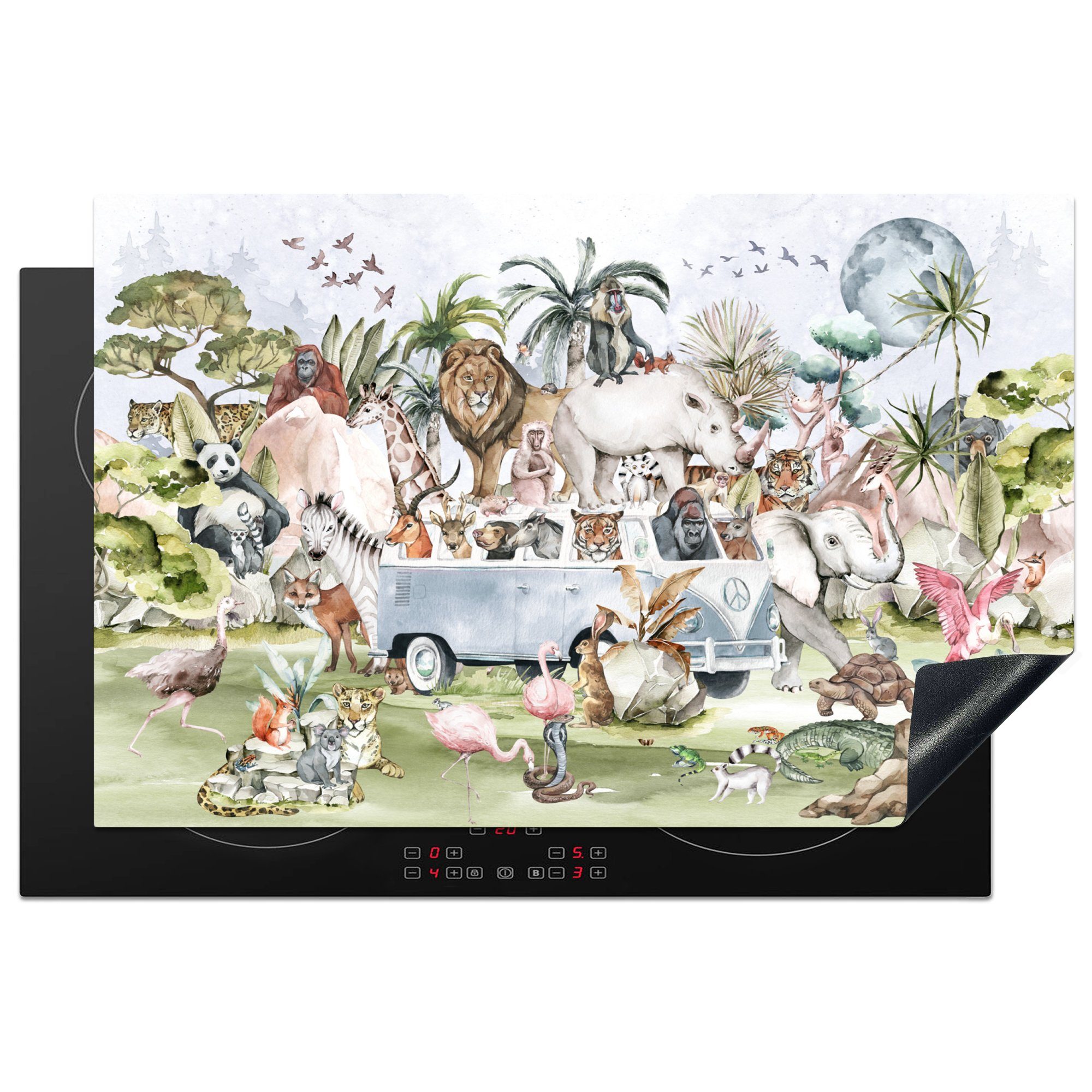 MuchoWow Herdblende-/Abdeckplatte Dschungel - Bus - Tiere - Kinder - Pflanzen, Vinyl, (1 tlg), 81x52 cm, Induktionskochfeld Schutz für die küche, Ceranfeldabdeckung