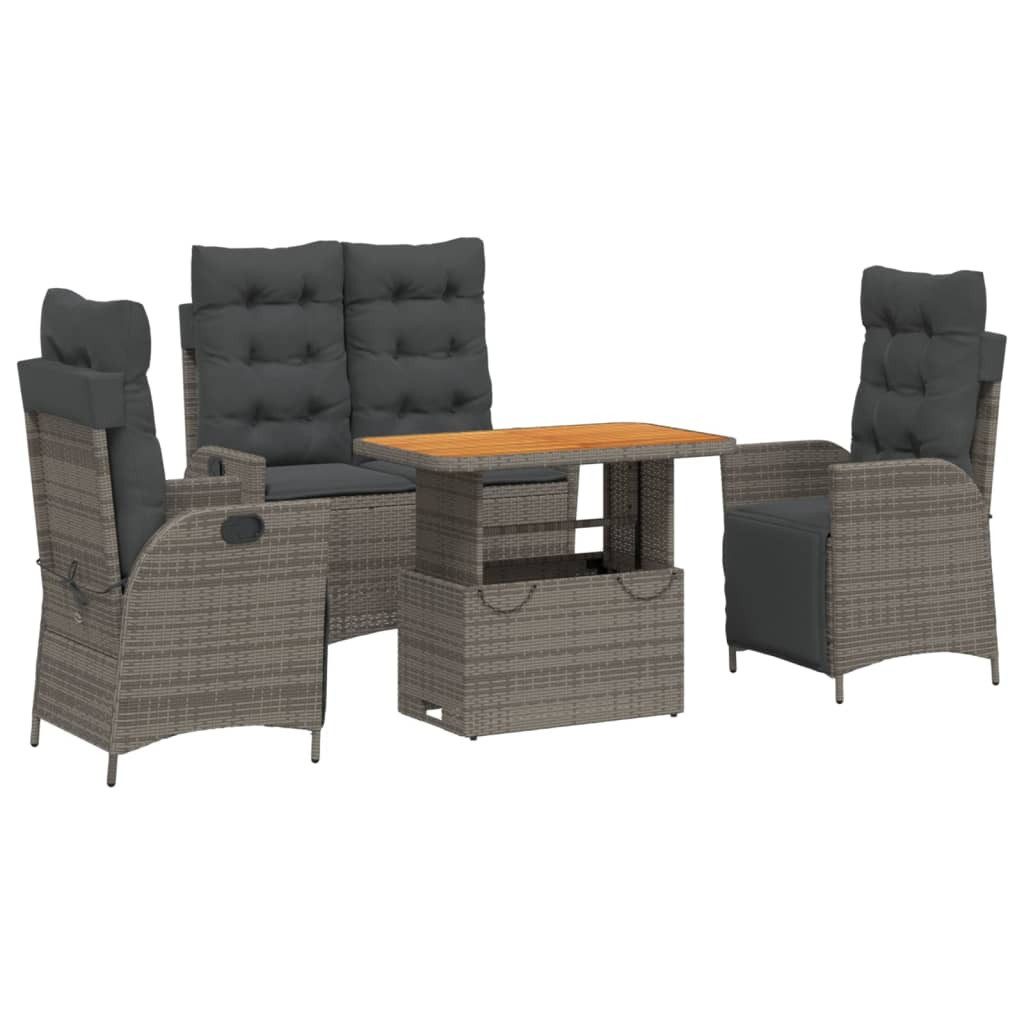 vidaXL Garten-Essgruppe 4-tlg. Garten-Essgruppe mit Kissen Grau Poly Rattan, (1-tlg)