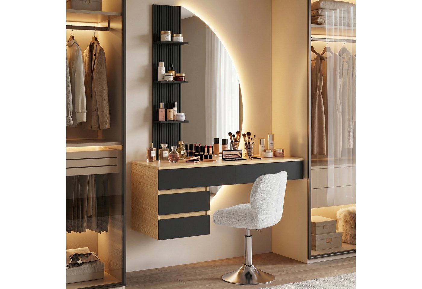 HOMALL Schminktisch Hängender Schminktisch mit drei einstellbaren Farbtemperaturen (LED-Silikon-Lichtleiste in drei Farben, Maße: 106 × 40 × 143 cm, mit 3 offenen Ablagefächern und 2 Schubladen, für vielfältige Einsatzmöglichkeiten geeignet)