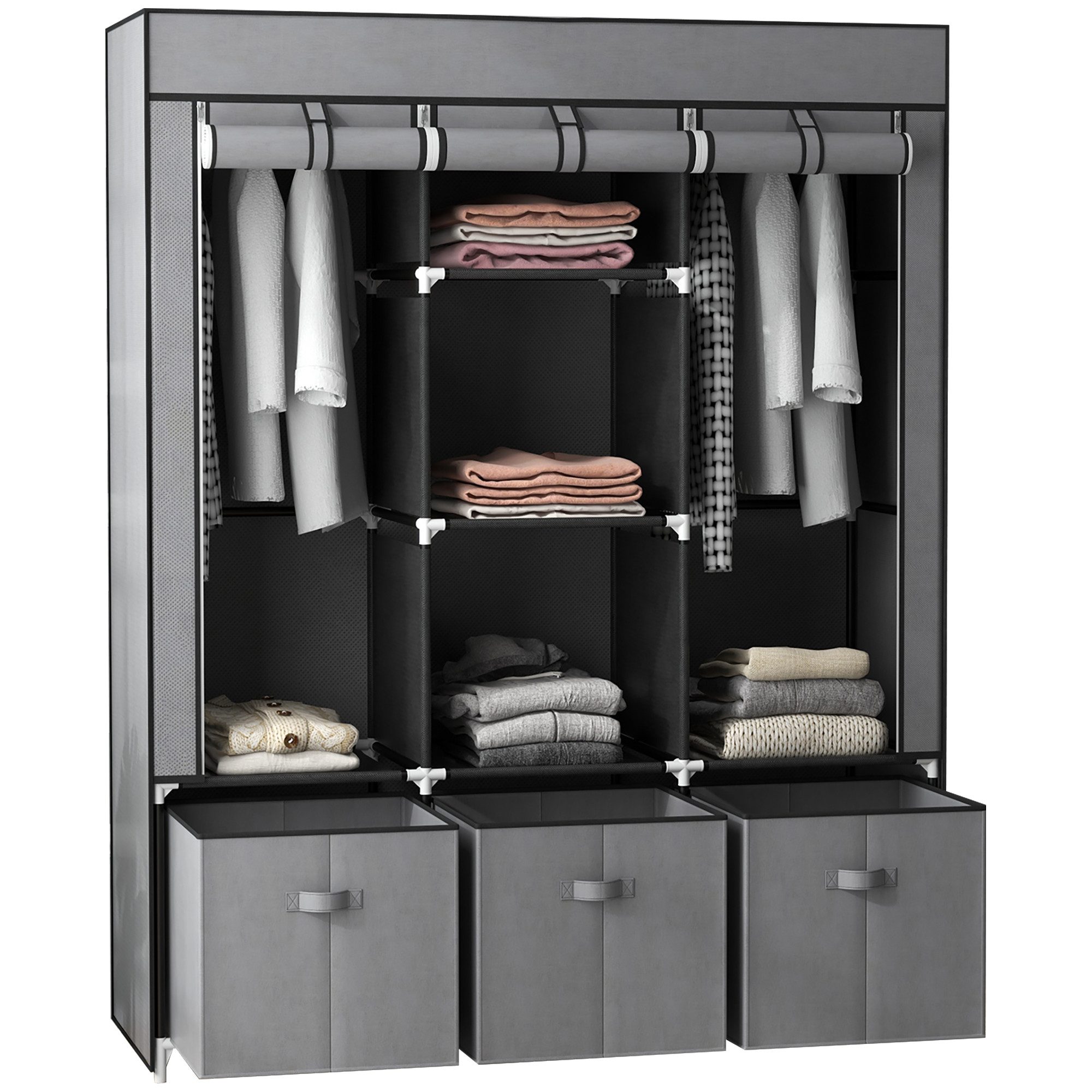 HOMCOM Stoffschrank Kleiderschrank mit Kleiderstange, Schubladen, Reißverschluss (Faltbare Garderobe, 1-St., Faltschrank) Dunkelgrau, 125 x 43 x 162,5 cm – Bild 2 von 5