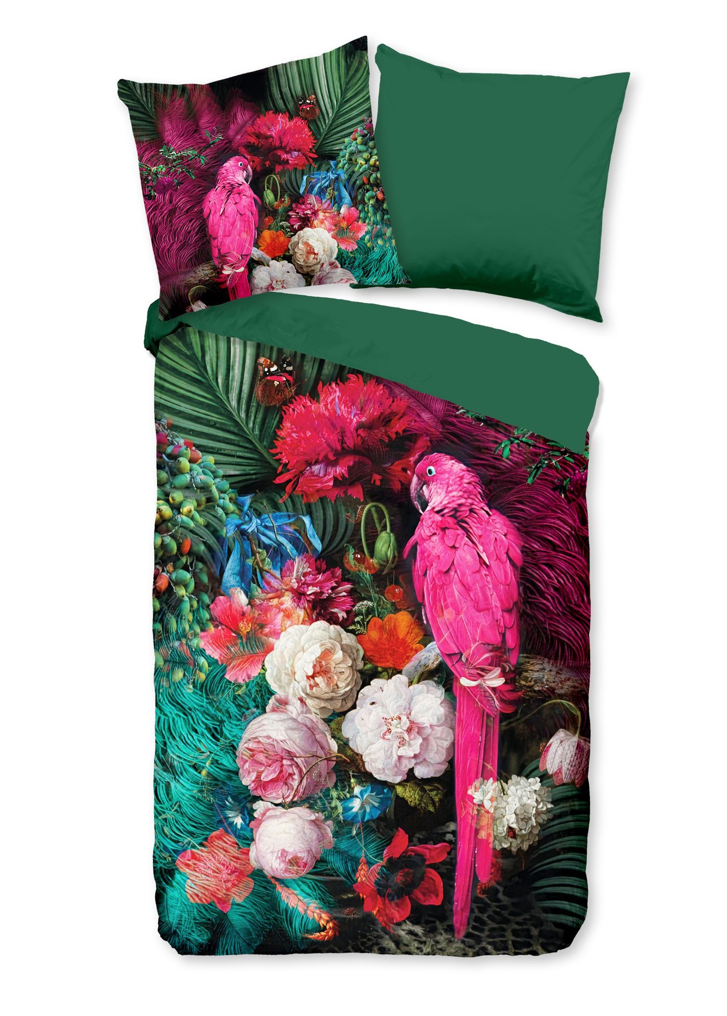 JACK Bettwäsche 135x200cm Bohemian Flower Power Multi, Microfaser, 2 teilig, wunderschönes Blumendesign mit pinkem Papagei