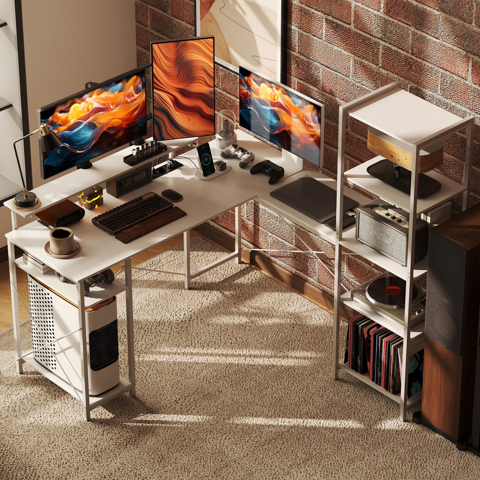 HOMCOM Computertisch Schreibtisch Gaming Tisch L Form mit Regal, Schlafzimmer (Bürotisch, 1-St., Eckschreibtisch), mit Monitorständer, USB, Steckdose, für Homeoffice, Büro, Weiß